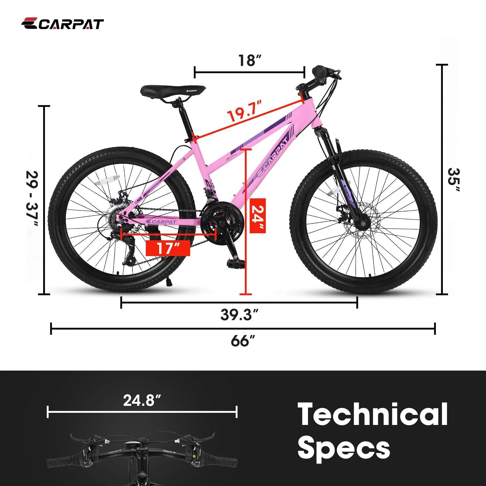 24" Pink Mountain Bike for Teenagers, Shimano 21 Speeds, Dual Disc Brakes, Front Suspension