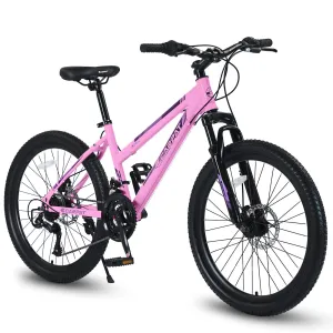 24" Pink Mountain Bike for Teenagers, Shimano 21 Speeds, Dual Disc Brakes, Front Suspension