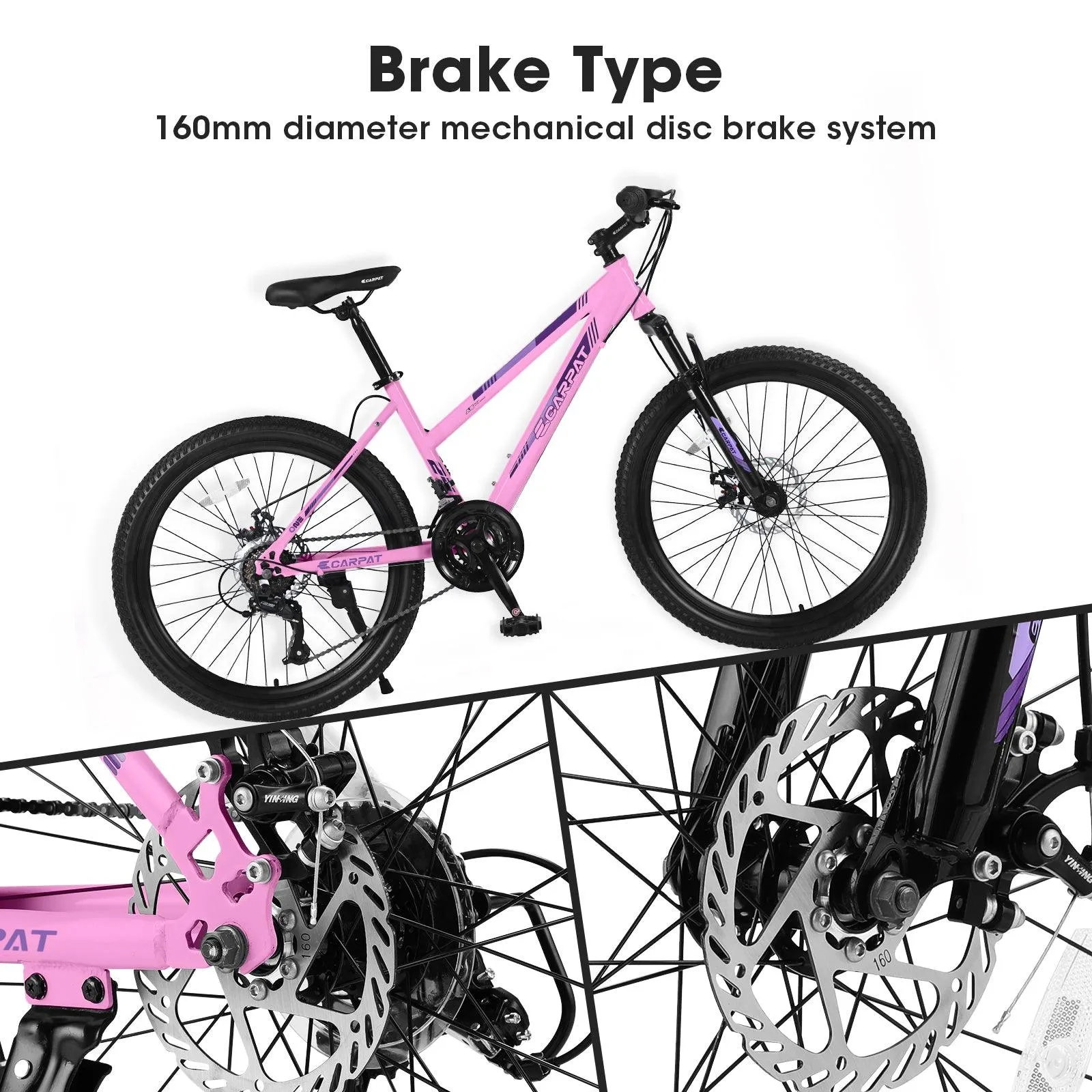 24" Pink Mountain Bike for Teenagers, Shimano 21 Speeds, Dual Disc Brakes, Front Suspension