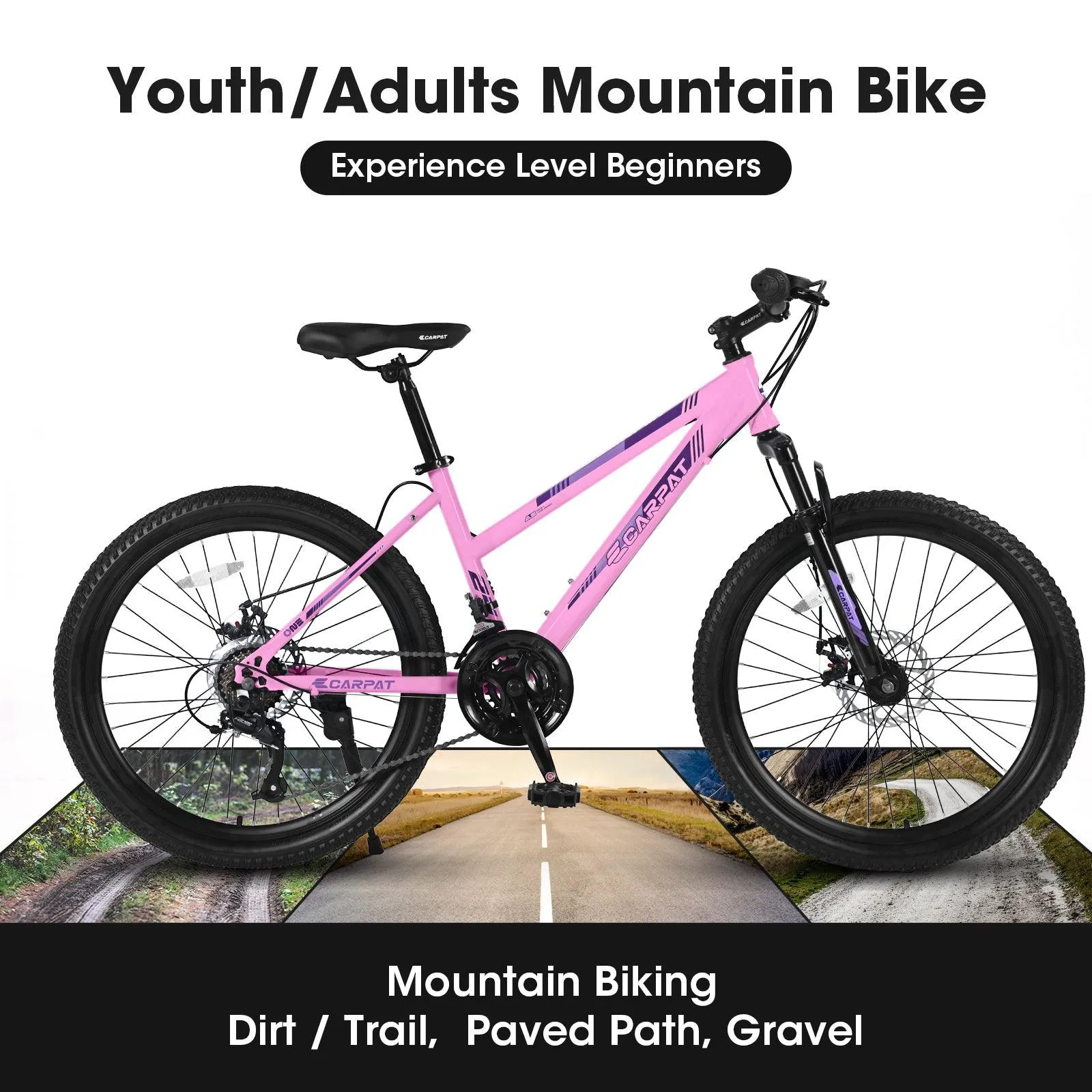 24" Pink Mountain Bike for Teenagers, Shimano 21 Speeds, Dual Disc Brakes, Front Suspension