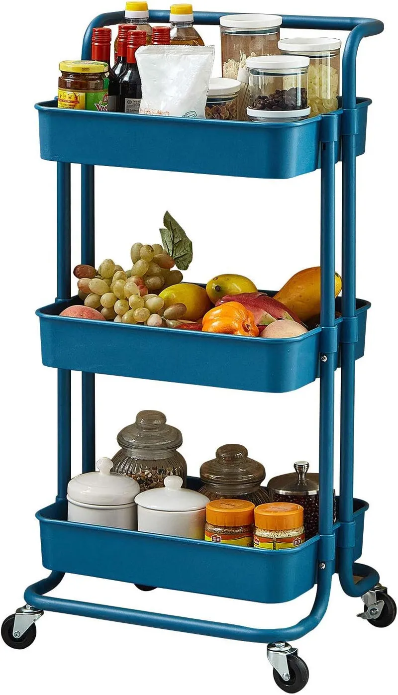 3-Tier Rolling Utility Cart Metal Organization Storage Cart Dark Blue Kitchen Trolley Service Cart with Lockable Wheels for Bathroom, Kitchen, Office