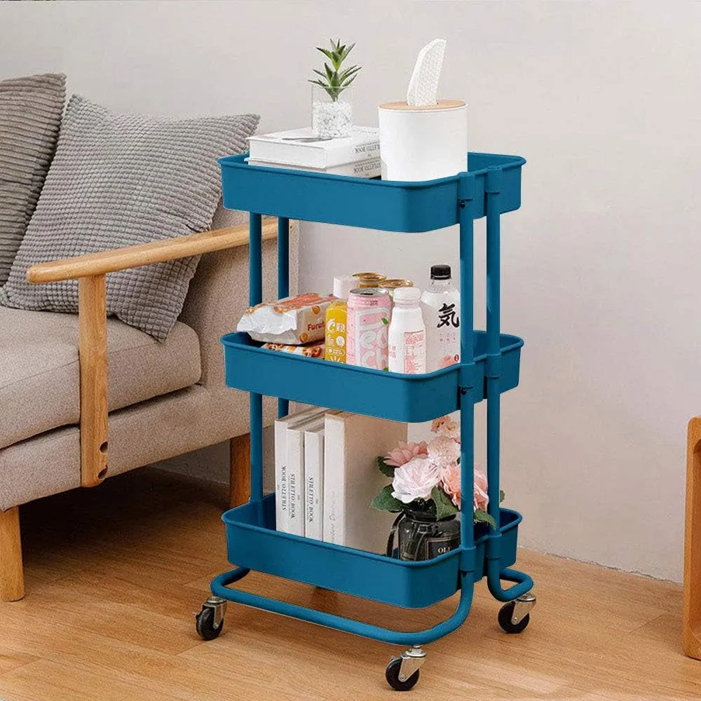 3-Tier Rolling Utility Cart Metal Organization Storage Cart Dark Blue Kitchen Trolley Service Cart with Lockable Wheels for Bathroom, Kitchen, Office