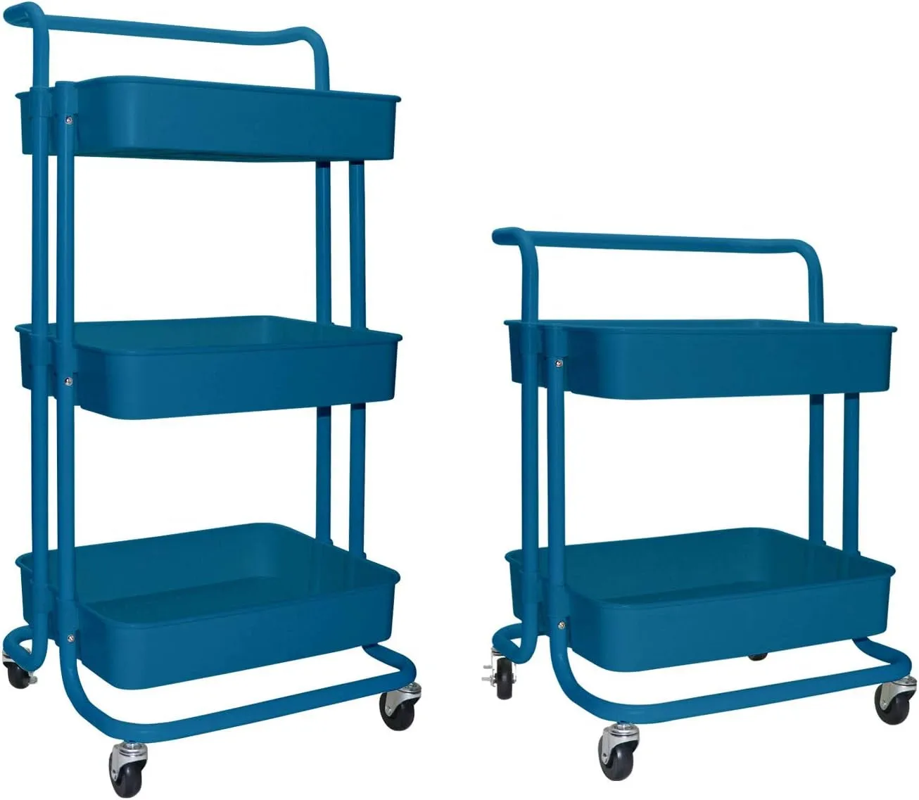 3-Tier Rolling Utility Cart Metal Organization Storage Cart Dark Blue Kitchen Trolley Service Cart with Lockable Wheels for Bathroom, Kitchen, Office
