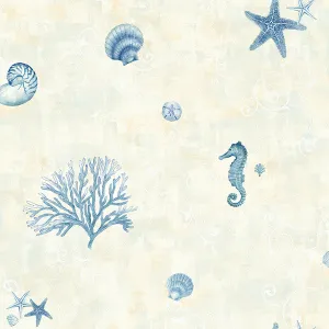 Boca Raton Blue Seashells Wallpaper from the Seaside Living Collection