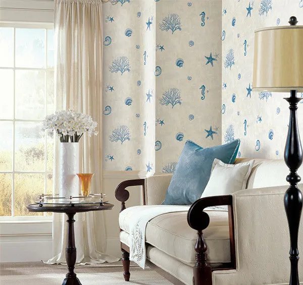 Boca Raton Blue Seashells Wallpaper from the Seaside Living Collection