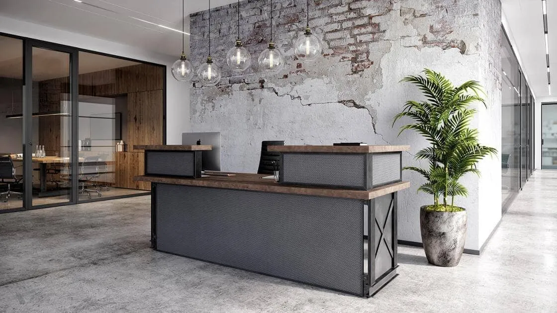 Carruca Modern Industrial Reception Desk - Steel Base - Wood Top - L Shape