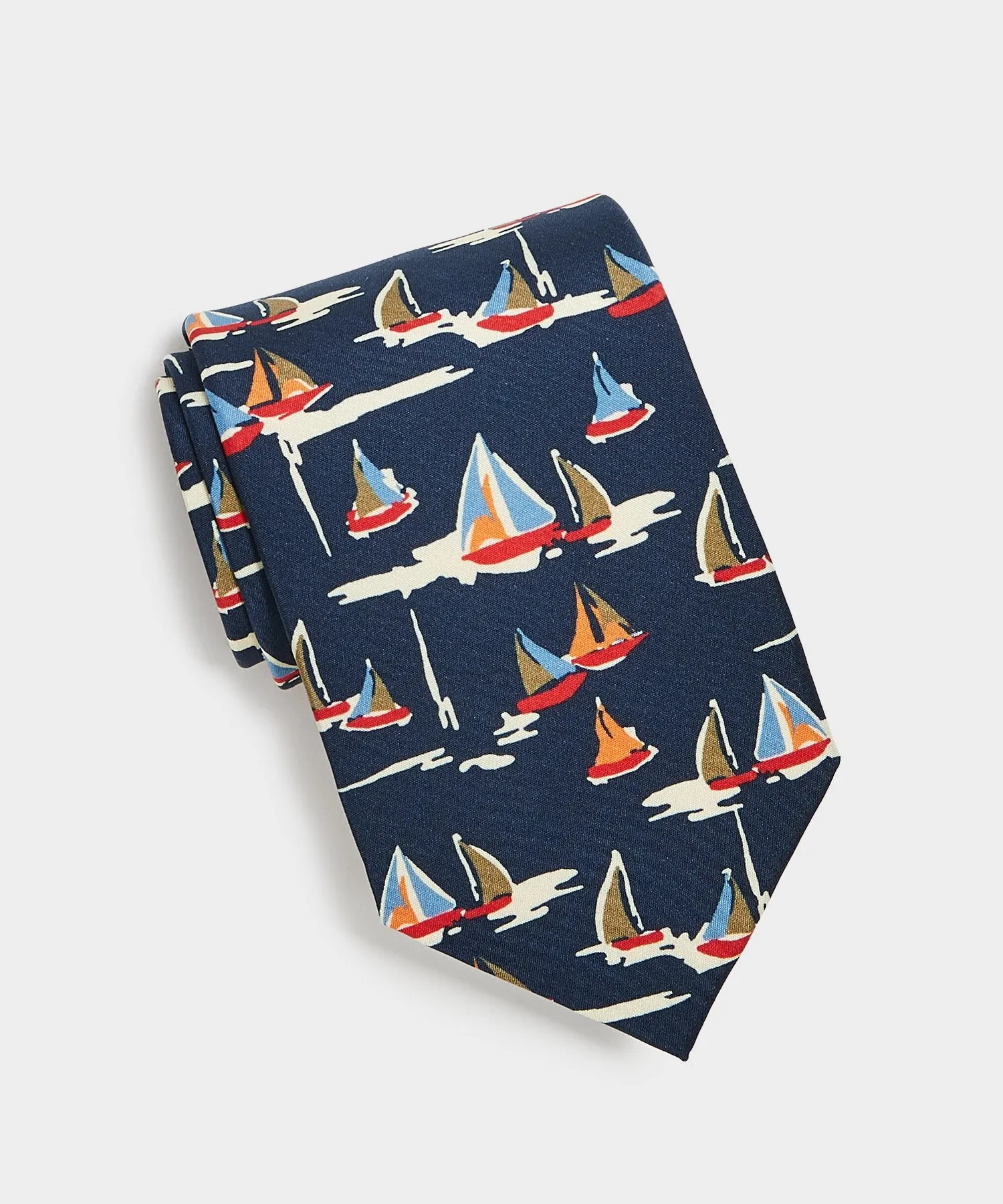 Drake's Sail Boat Print Tie in Navy