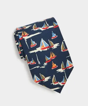 Drake's Sail Boat Print Tie in Navy