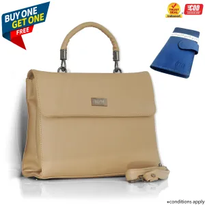 Elegant Beige Handbag with Adjustable Strap, Multiple Compartments & Cushioned Handle
