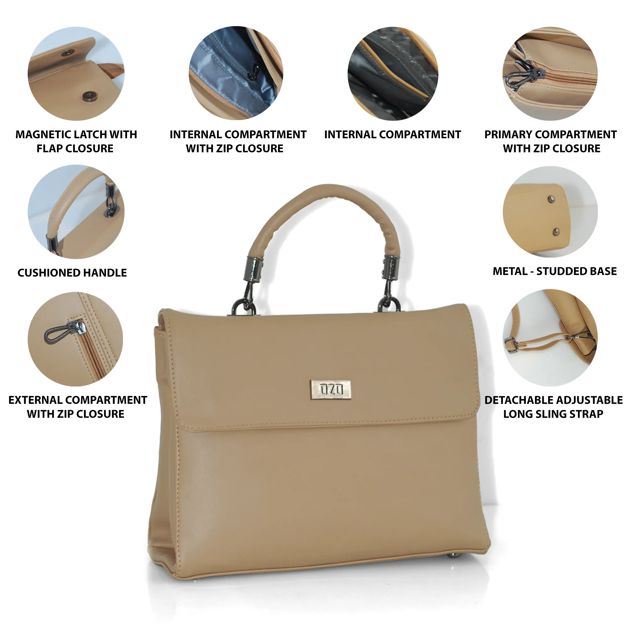 Elegant Beige Handbag with Adjustable Strap, Multiple Compartments & Cushioned Handle