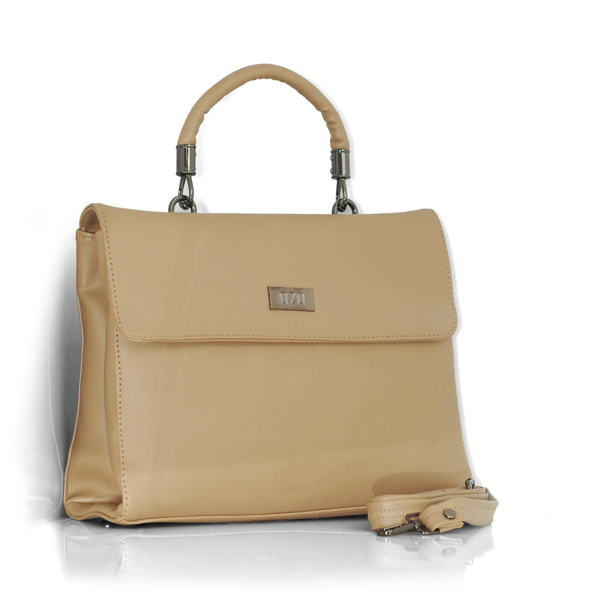 Elegant Beige Handbag with Adjustable Strap, Multiple Compartments & Cushioned Handle