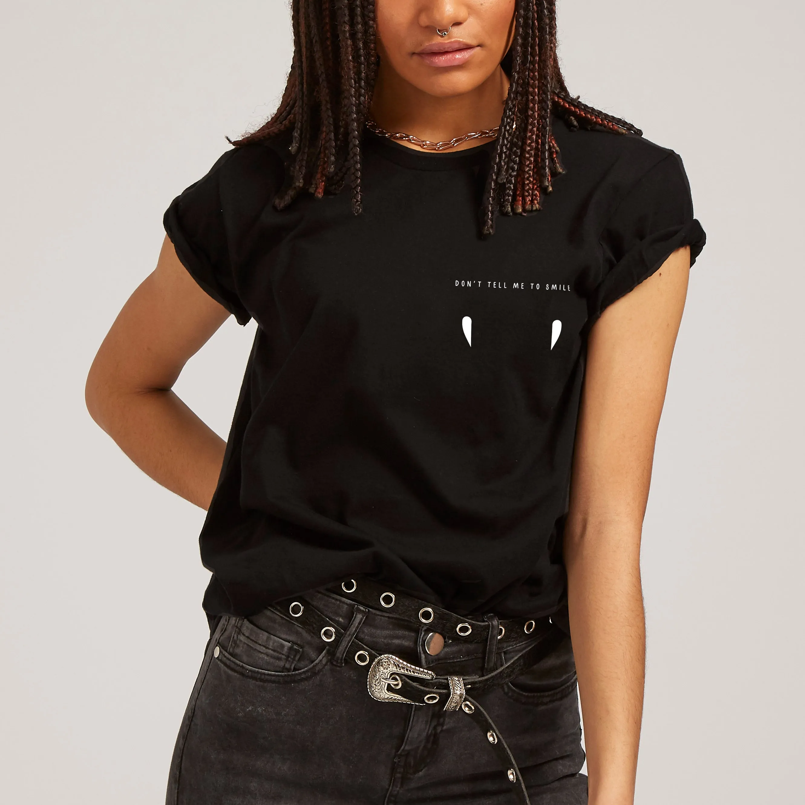 Fangs Don't Tell Me to Smile Halloween Feminist T-Shirt