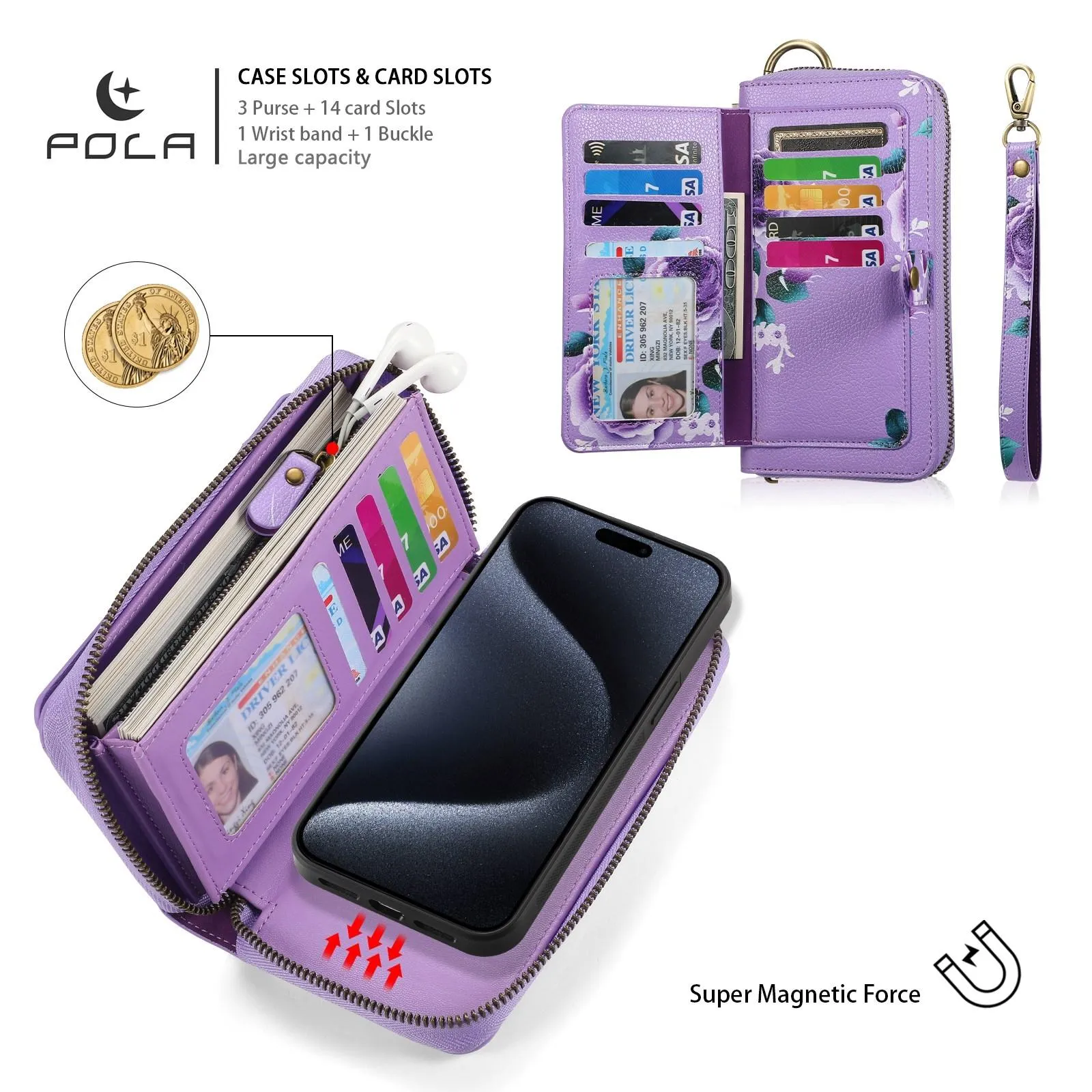 For Iphone 15 Pola Magsafe Flower Multi-Functional Zipper Wallet Leather Phone Case