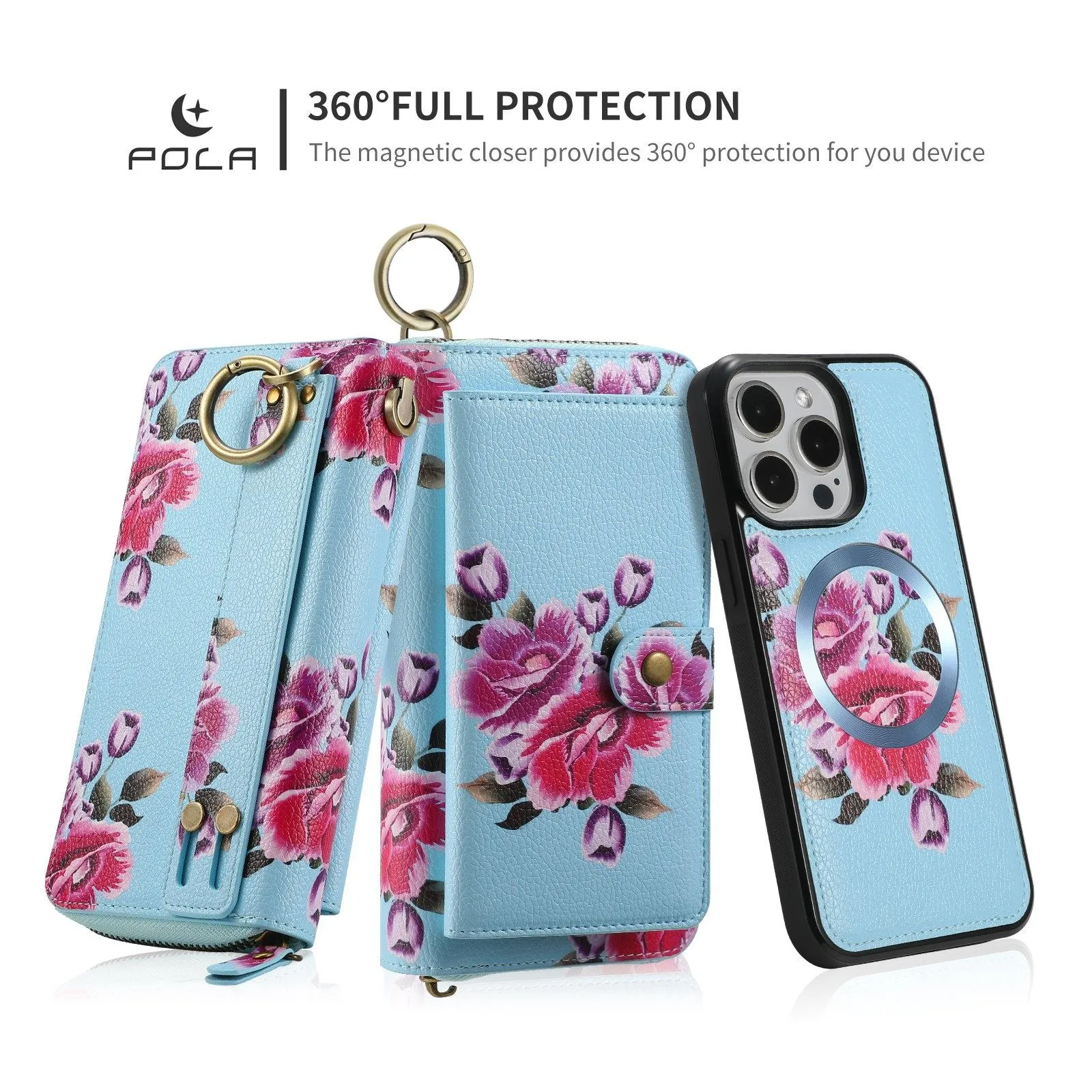For Iphone 15 Pola Magsafe Flower Multi-Functional Zipper Wallet Leather Phone Case