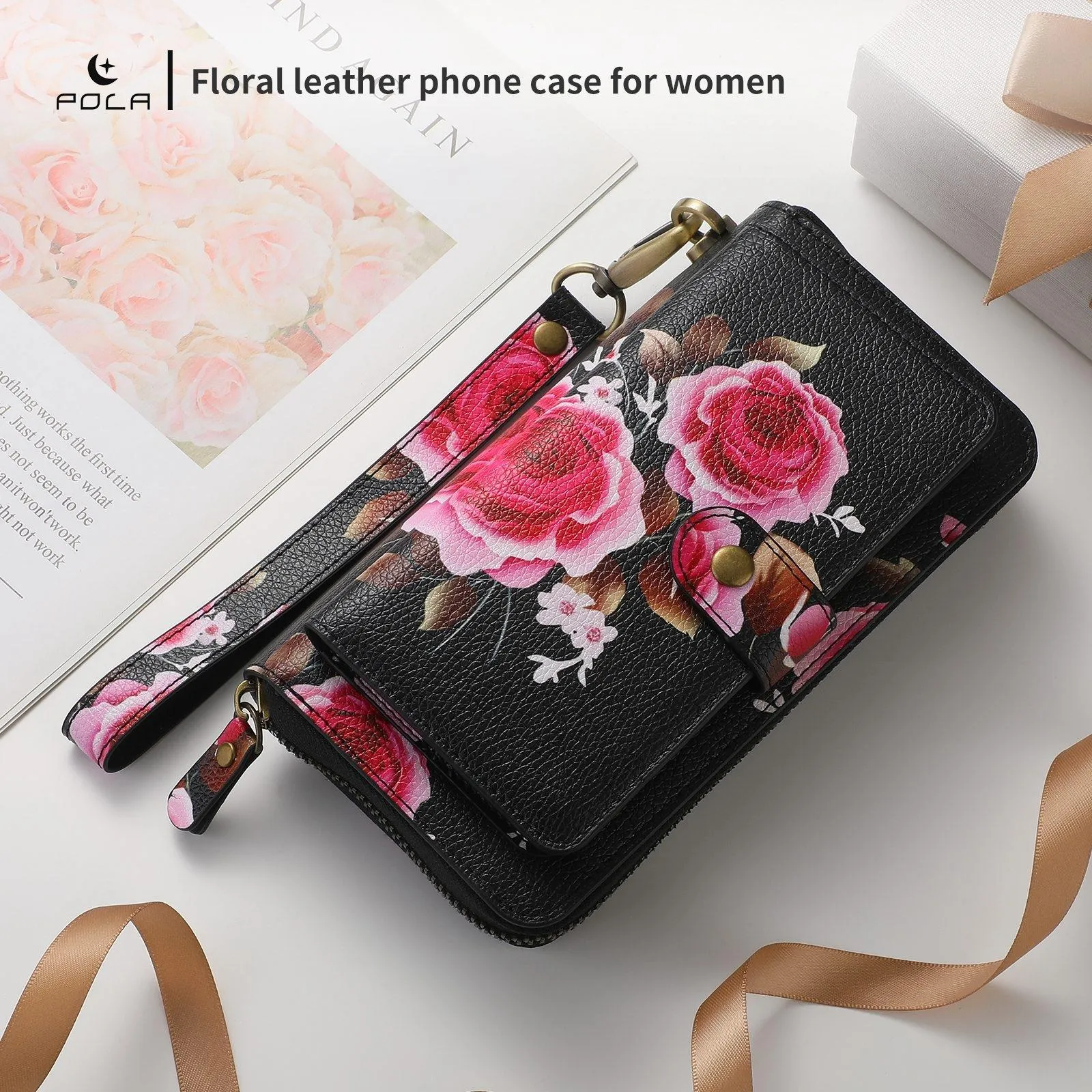 For Iphone 15 Pola Magsafe Flower Multi-Functional Zipper Wallet Leather Phone Case