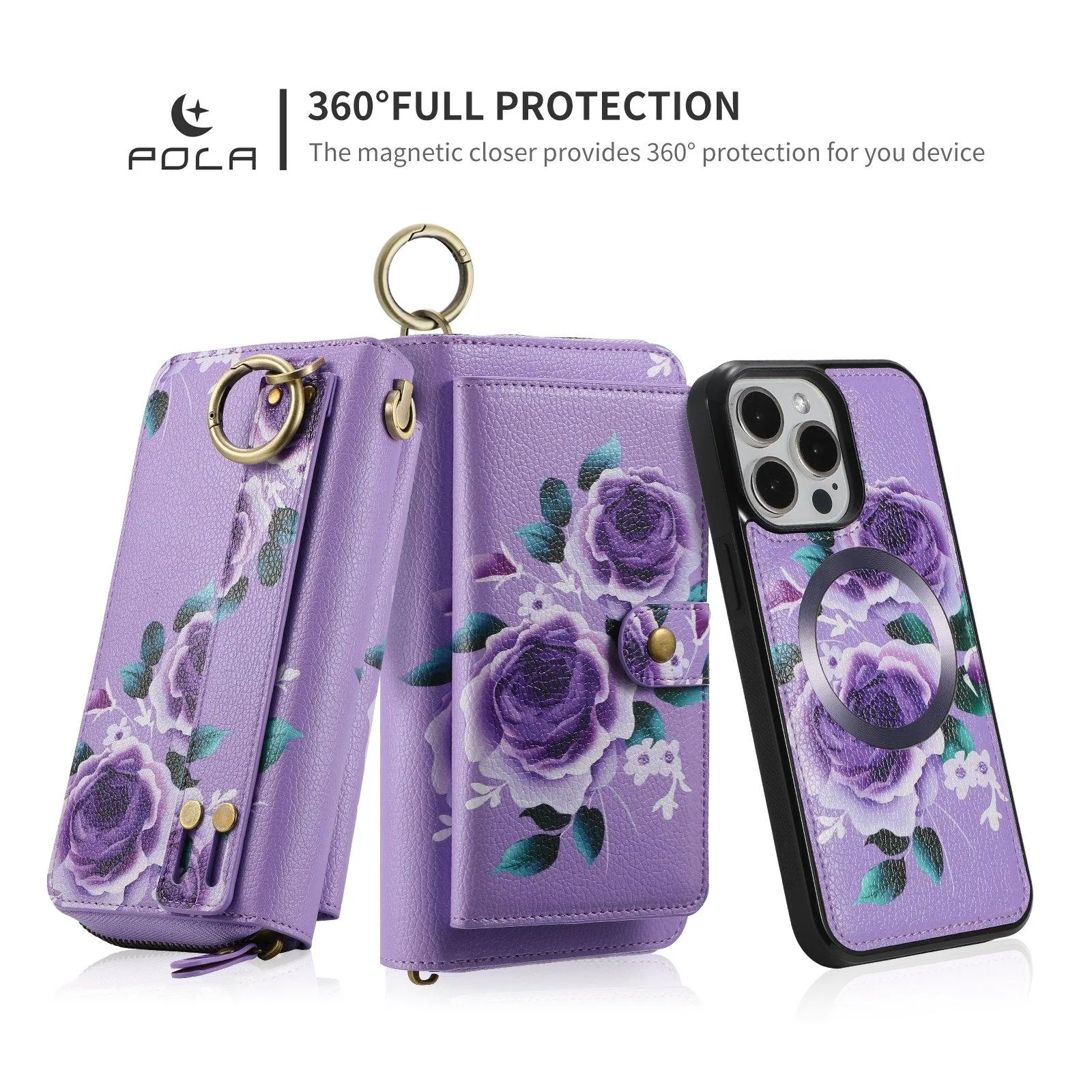 For Iphone 15 Pola Magsafe Flower Multi-Functional Zipper Wallet Leather Phone Case