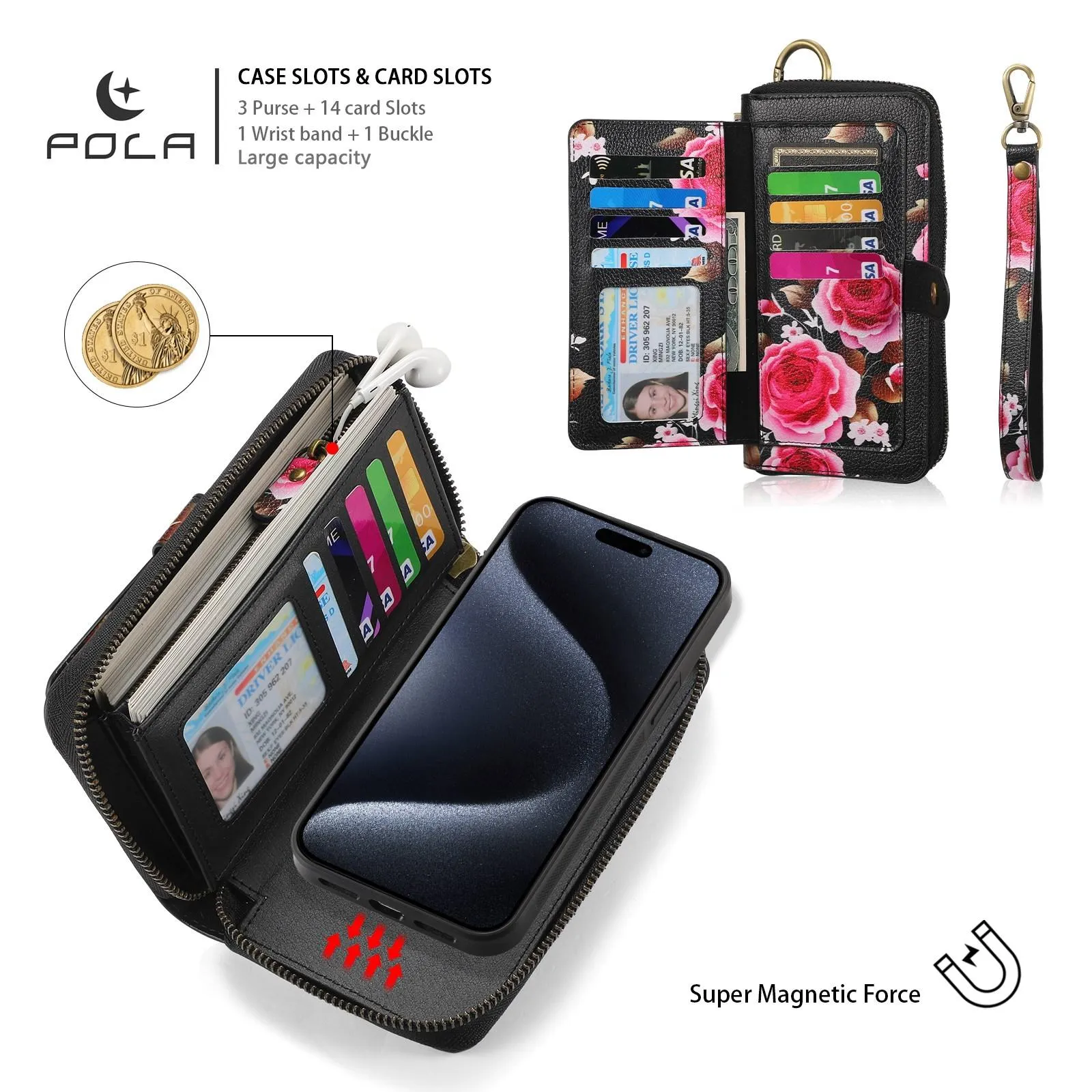 For Iphone 15 Pola Magsafe Flower Multi-Functional Zipper Wallet Leather Phone Case