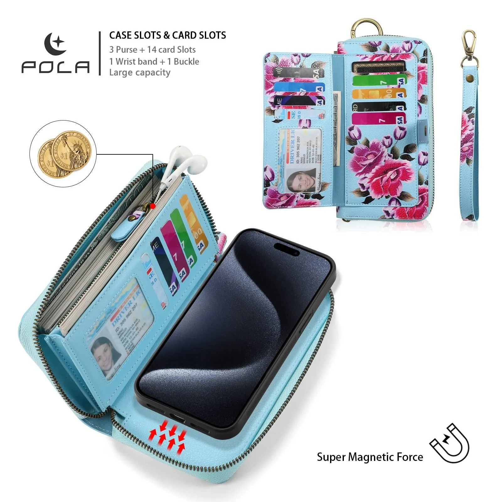 For Iphone 15 Pola Magsafe Flower Multi-Functional Zipper Wallet Leather Phone Case