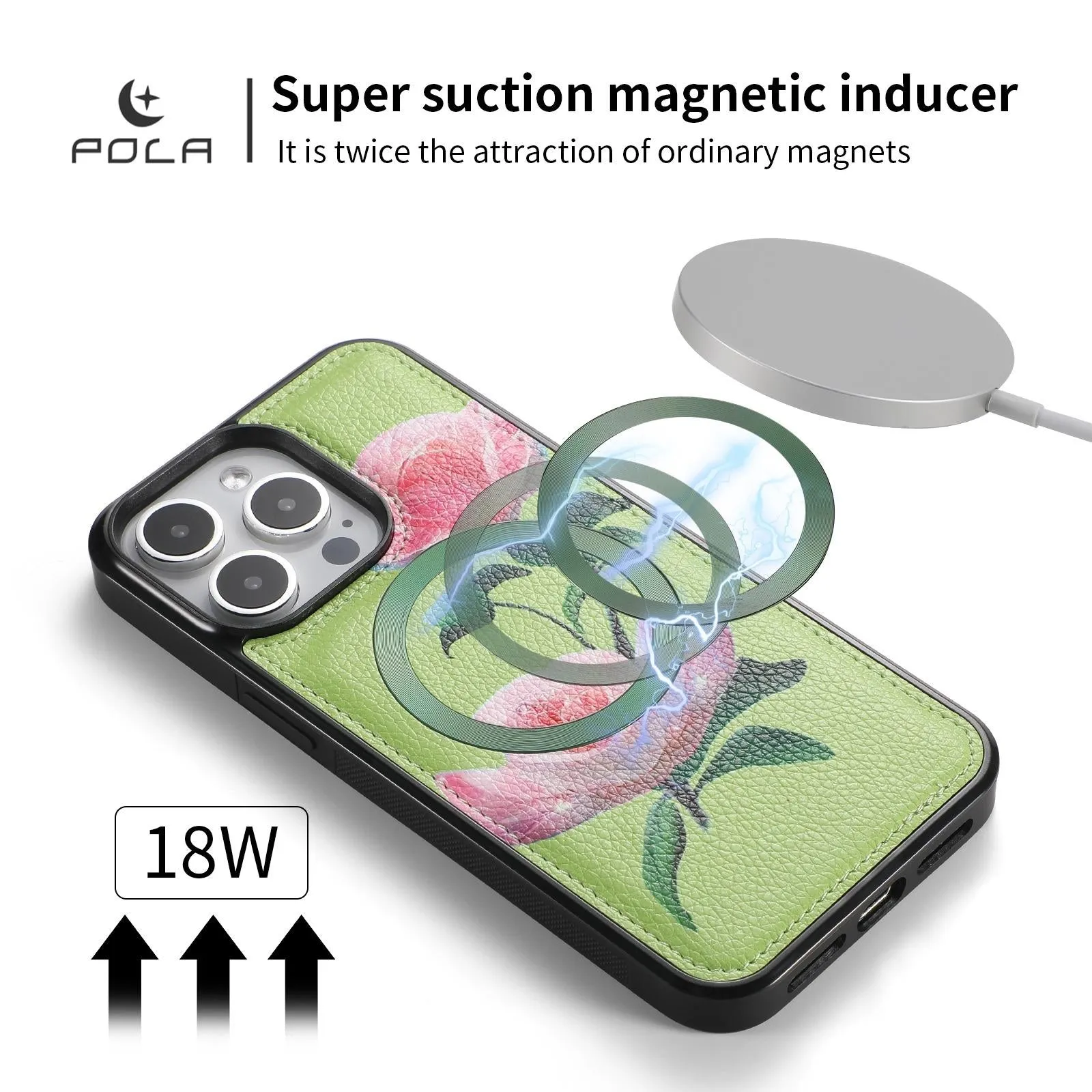 For Iphone 15 Pola Magsafe Flower Multi-Functional Zipper Wallet Leather Phone Case