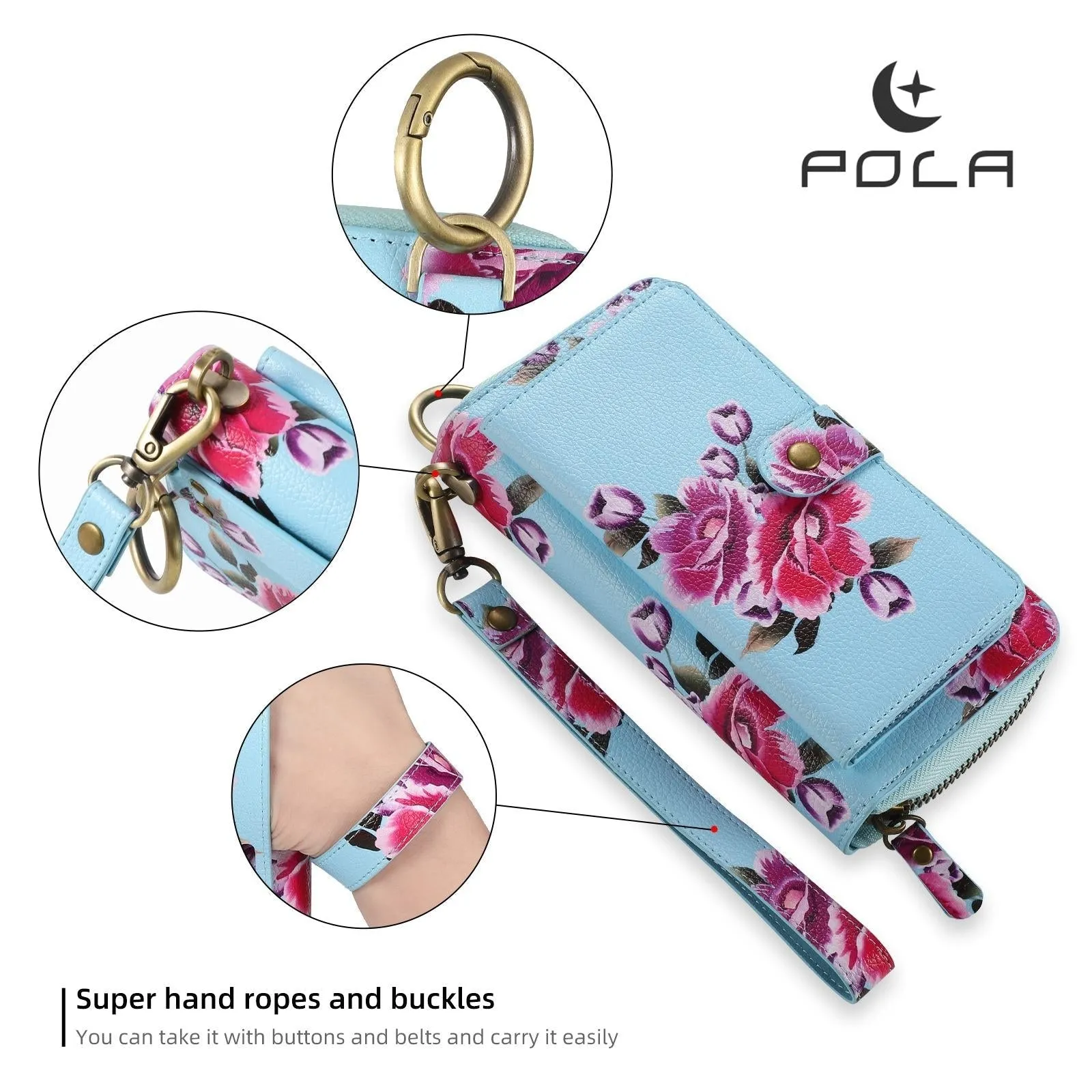 For Iphone 15 Pola Magsafe Flower Multi-Functional Zipper Wallet Leather Phone Case