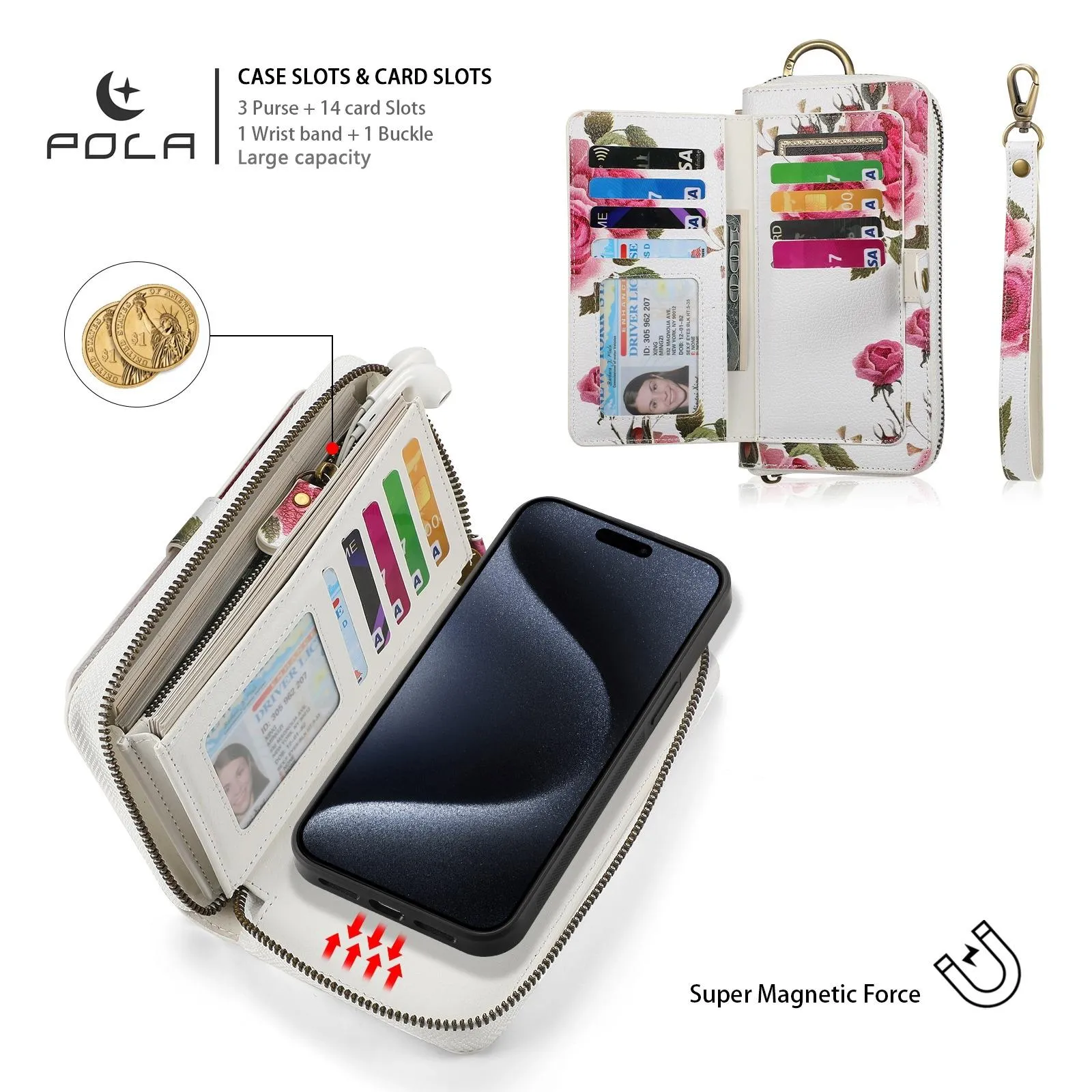 For Iphone 15 Pola Magsafe Flower Multi-Functional Zipper Wallet Leather Phone Case