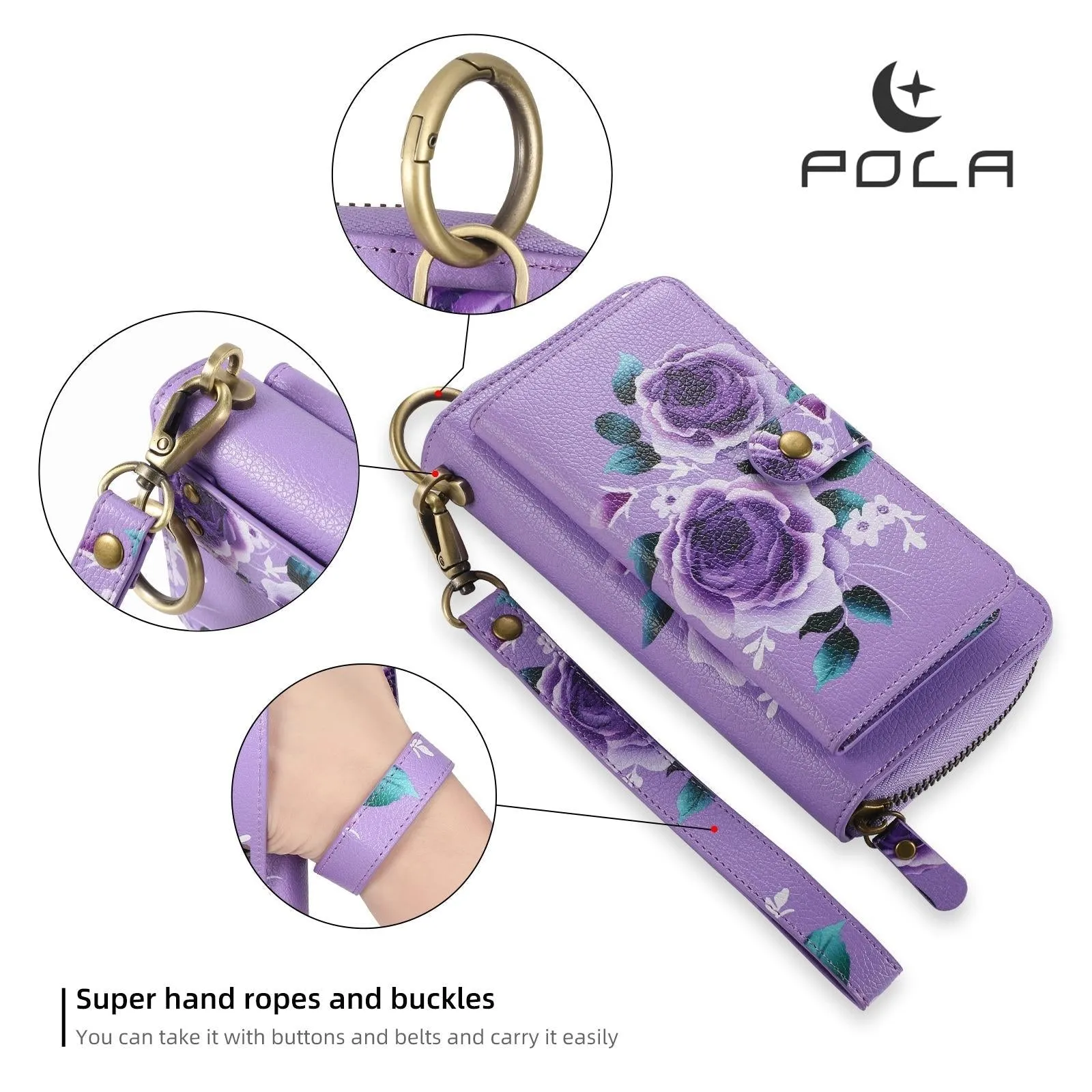 For Iphone 15 Pola Magsafe Flower Multi-Functional Zipper Wallet Leather Phone Case