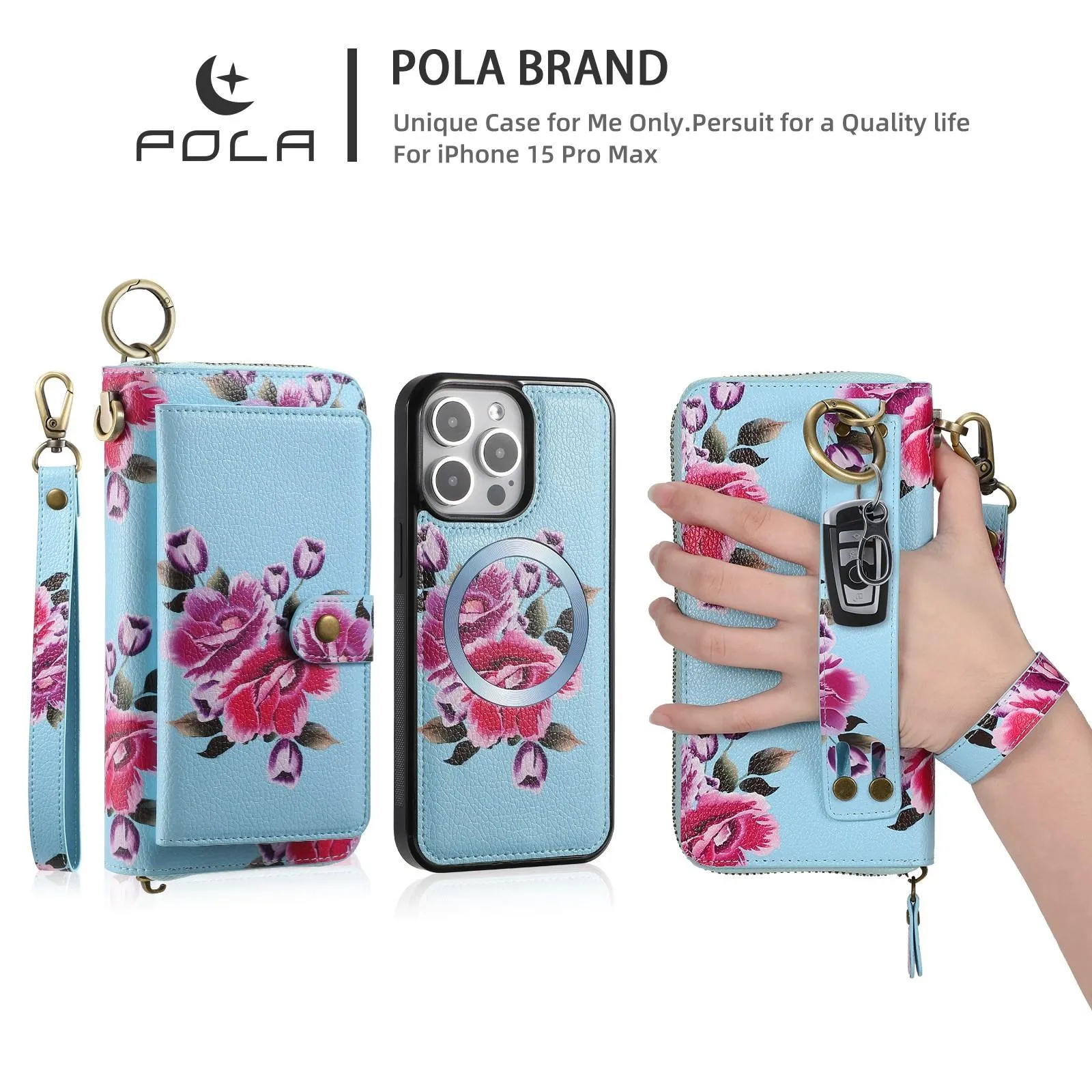For Iphone 15 Pola Magsafe Flower Multi-Functional Zipper Wallet Leather Phone Case