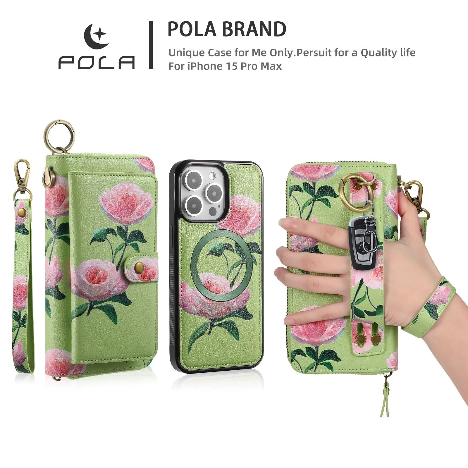 For Iphone 15 Pola Magsafe Flower Multi-Functional Zipper Wallet Leather Phone Case