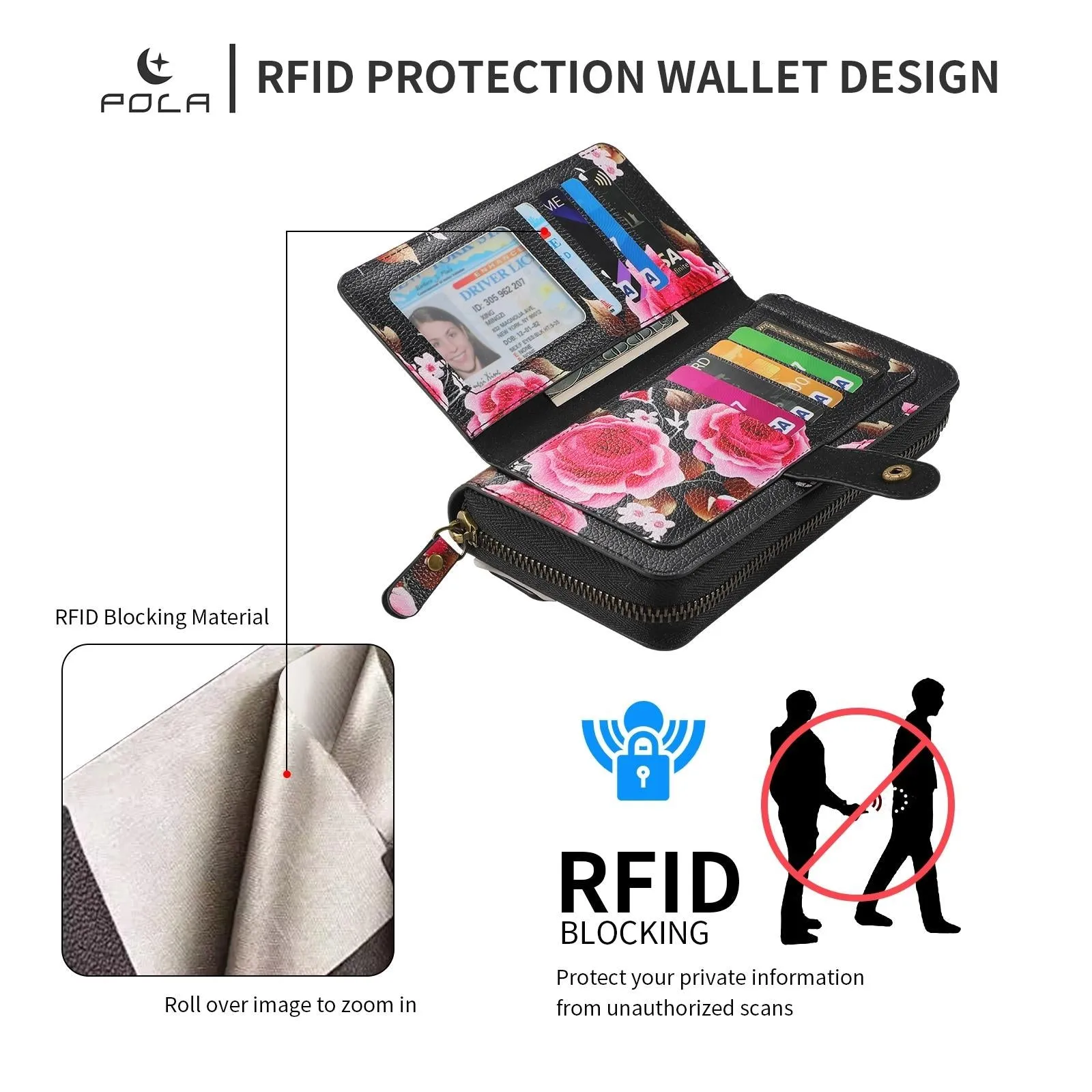 For Iphone 15 Pola Magsafe Flower Multi-Functional Zipper Wallet Leather Phone Case