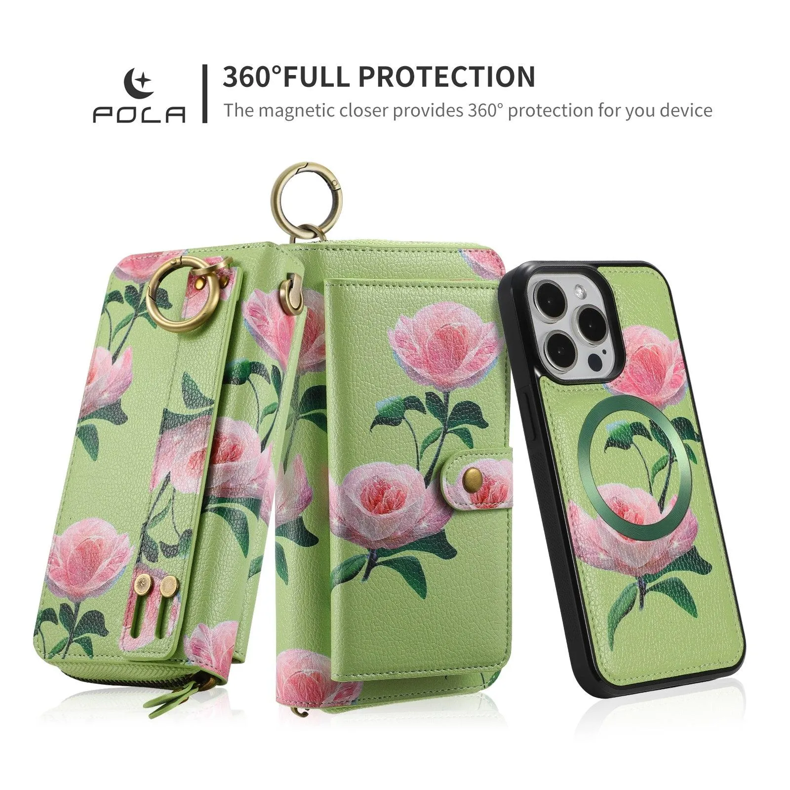 For Iphone 15 Pola Magsafe Flower Multi-Functional Zipper Wallet Leather Phone Case