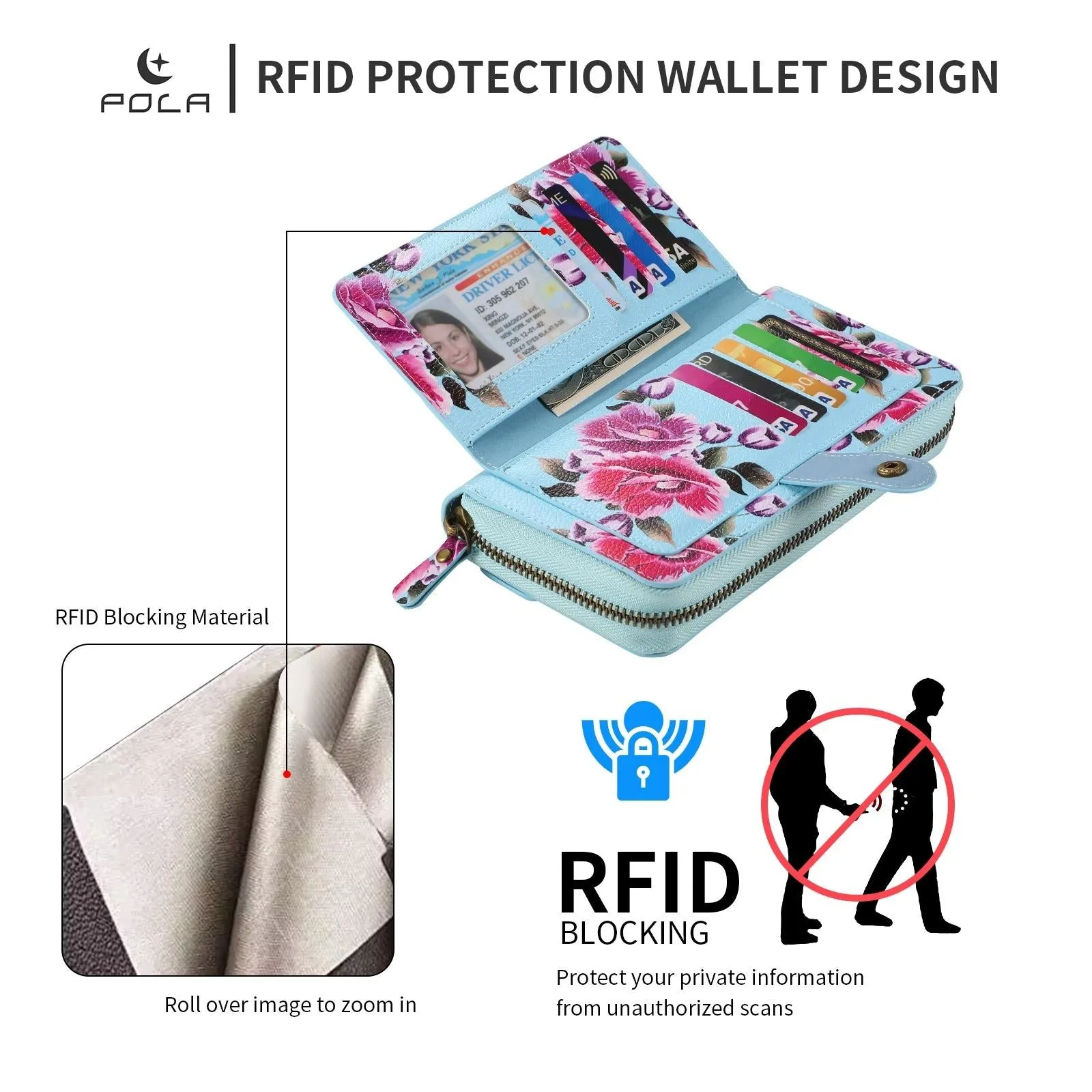 For Iphone 15 Pola Magsafe Flower Multi-Functional Zipper Wallet Leather Phone Case