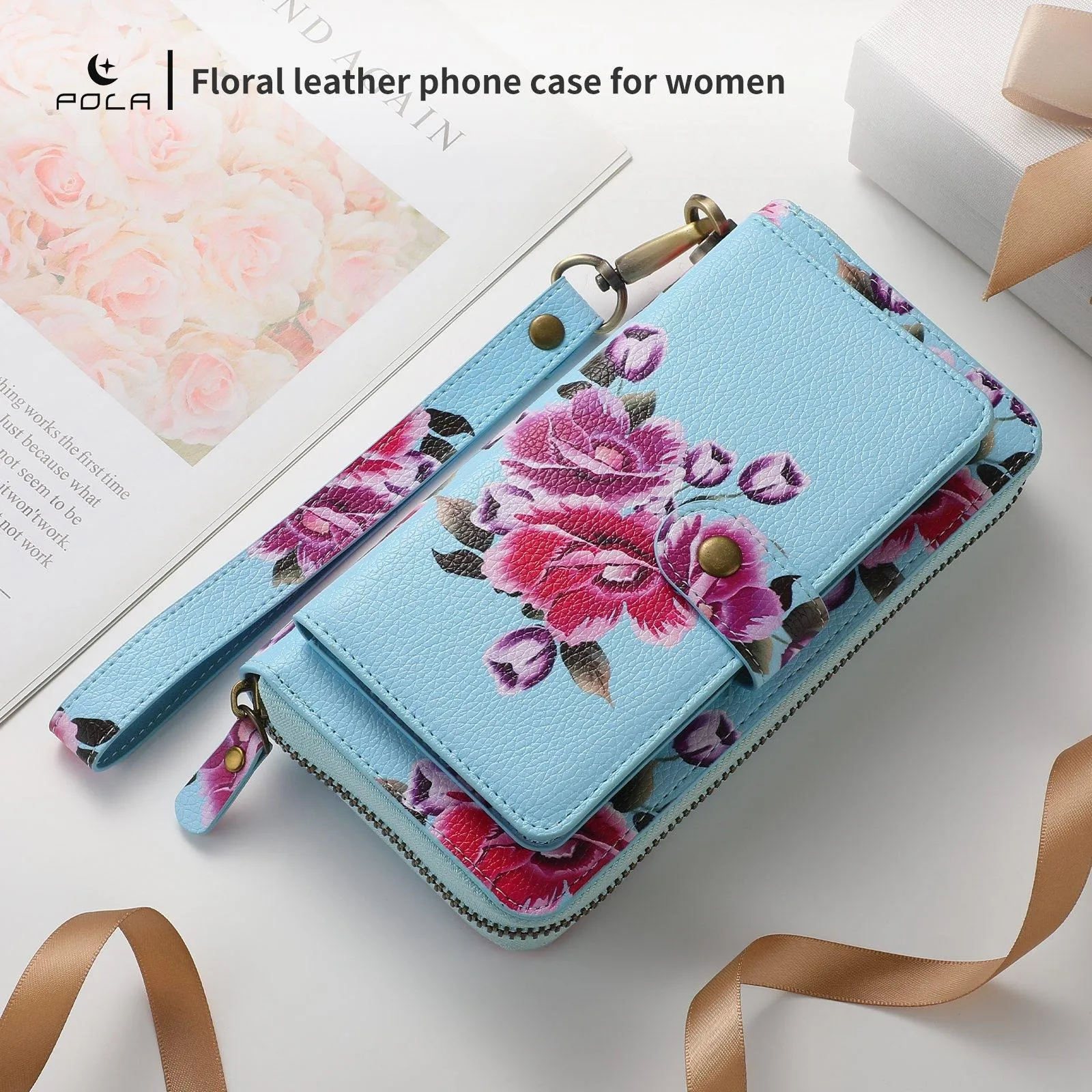 For Iphone 15 Pola Magsafe Flower Multi-Functional Zipper Wallet Leather Phone Case