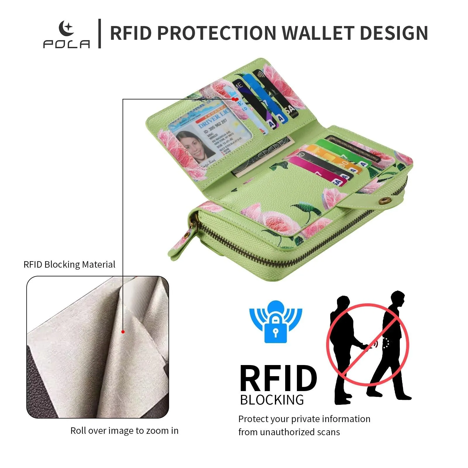 For Iphone 15 Pola Magsafe Flower Multi-Functional Zipper Wallet Leather Phone Case