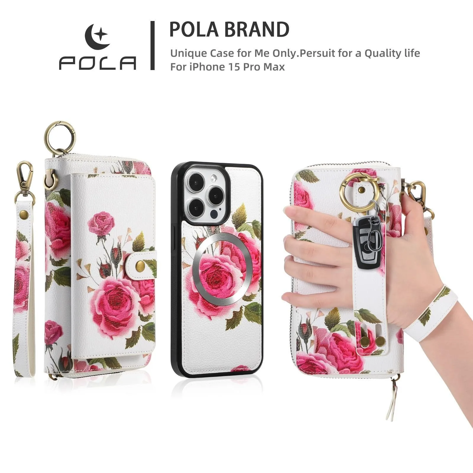 For Iphone 15 Pola Magsafe Flower Multi-Functional Zipper Wallet Leather Phone Case