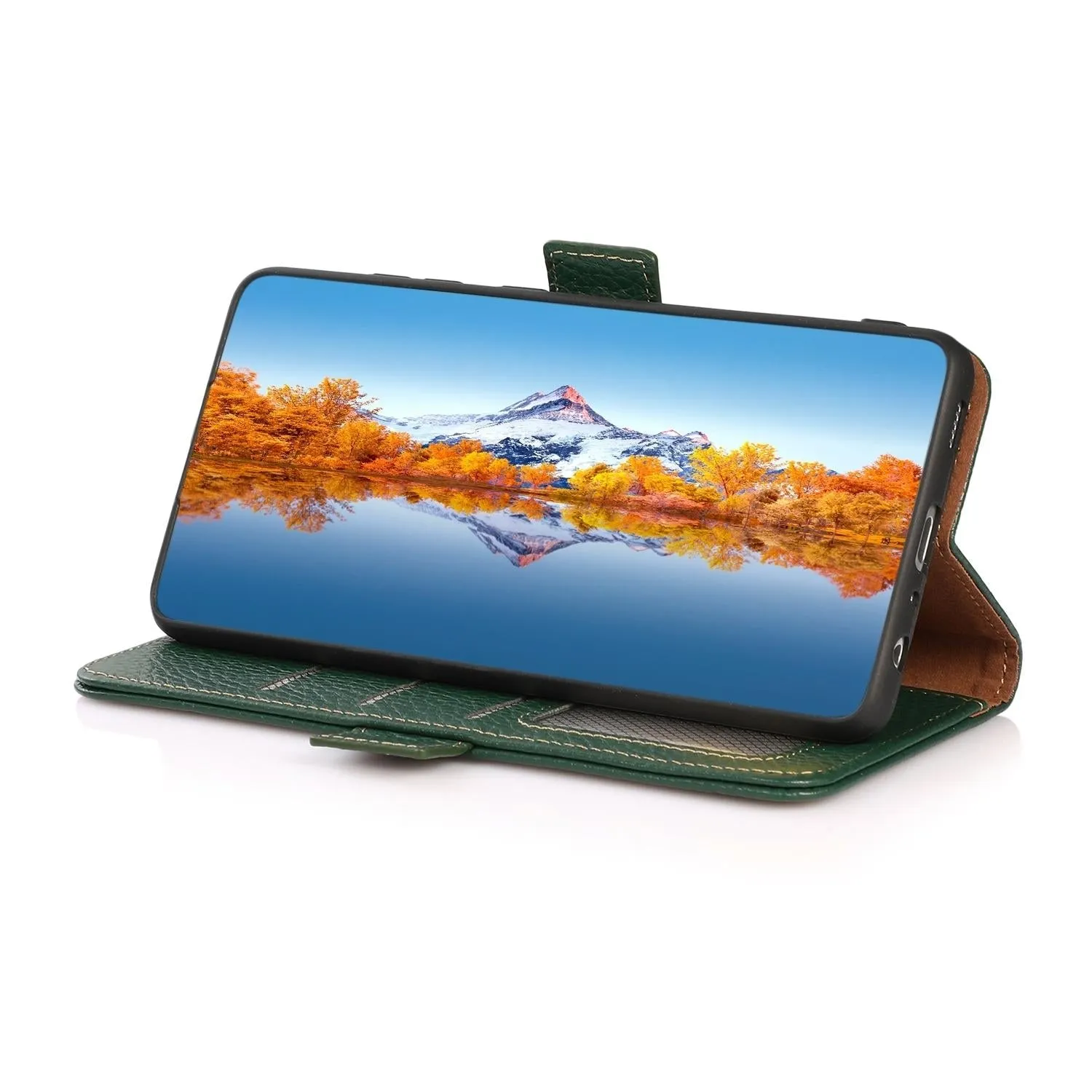 For Iphone 15 Side-Magnetic Litchi Genuine Leather Rfid Phone Case