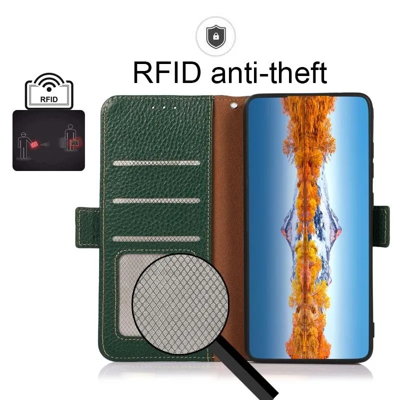 For Iphone 15 Side-Magnetic Litchi Genuine Leather Rfid Phone Case