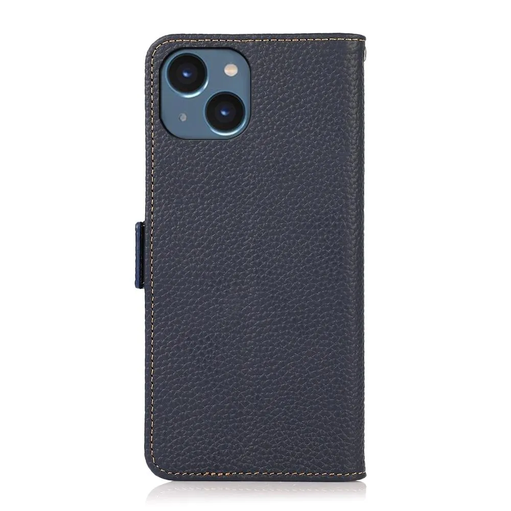For Iphone 15 Side-Magnetic Litchi Genuine Leather Rfid Phone Case