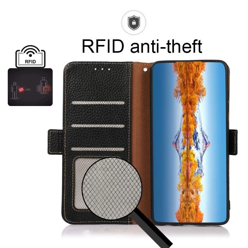 For Iphone 15 Side-Magnetic Litchi Genuine Leather Rfid Phone Case