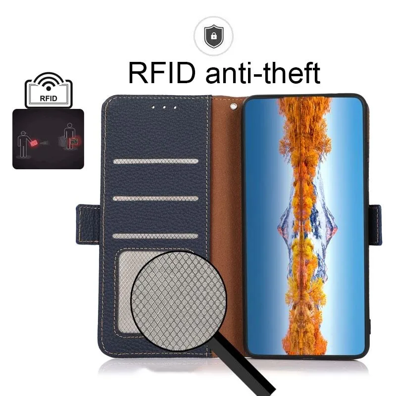 For Iphone 15 Side-Magnetic Litchi Genuine Leather Rfid Phone Case