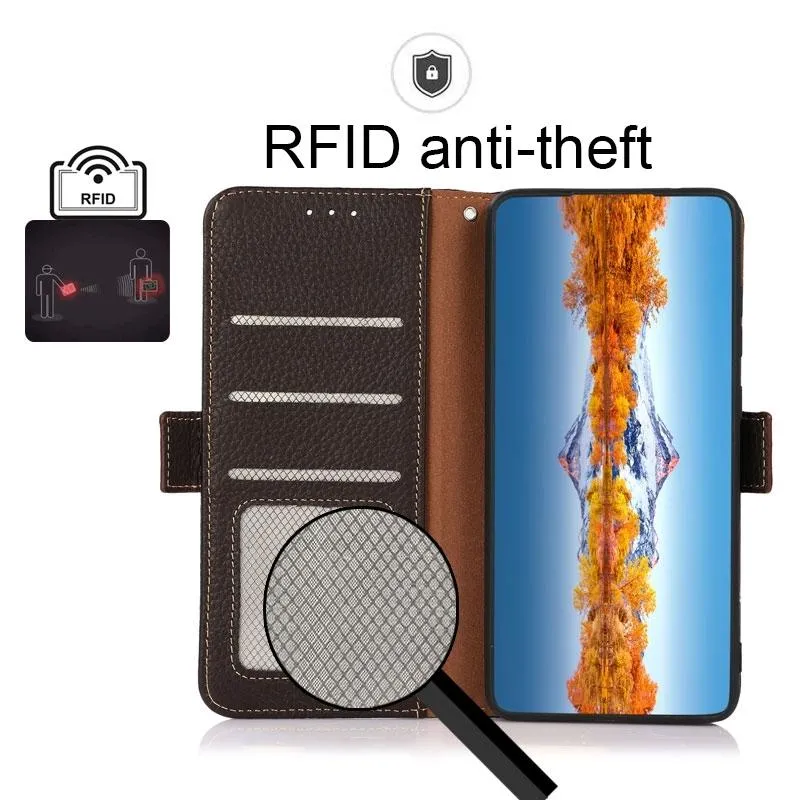 For Iphone 15 Side-Magnetic Litchi Genuine Leather Rfid Phone Case