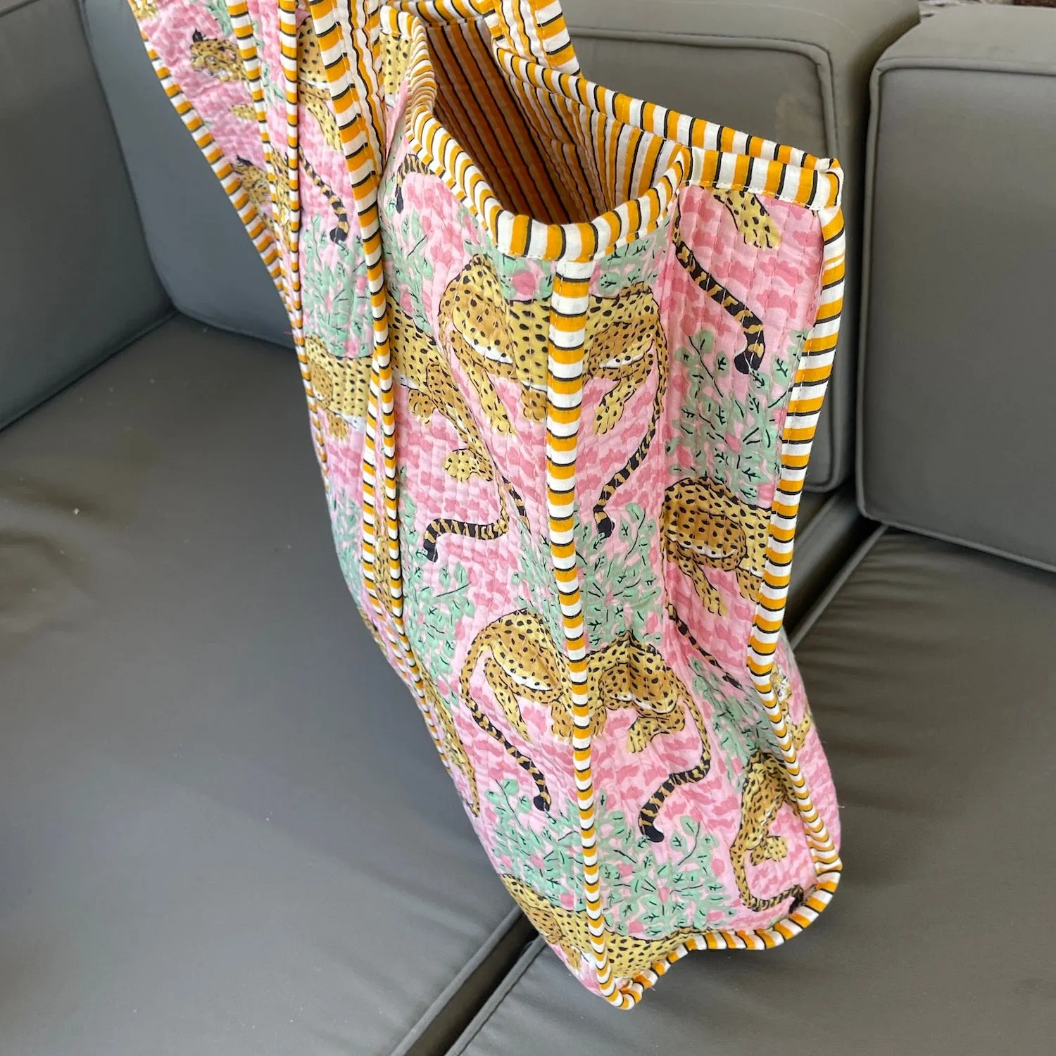 Handmade Boho Cotton Pink Tiger Quilted Bags Beach Tote Bag