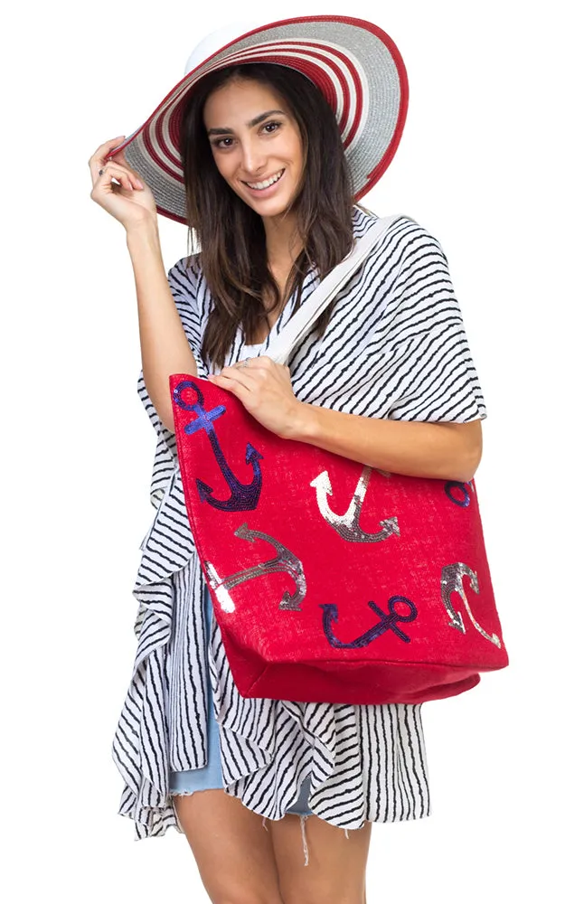 MB0030 Red Sequin Anchor Tote Beach Bag