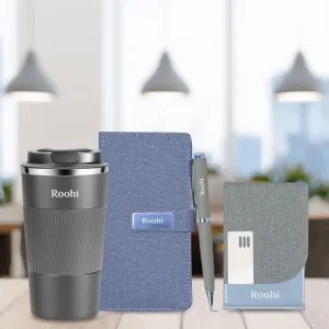 Personalized Office Essentials Gift Set - Coffee Tumbler, Diary, Pen & Cardholder - Grey