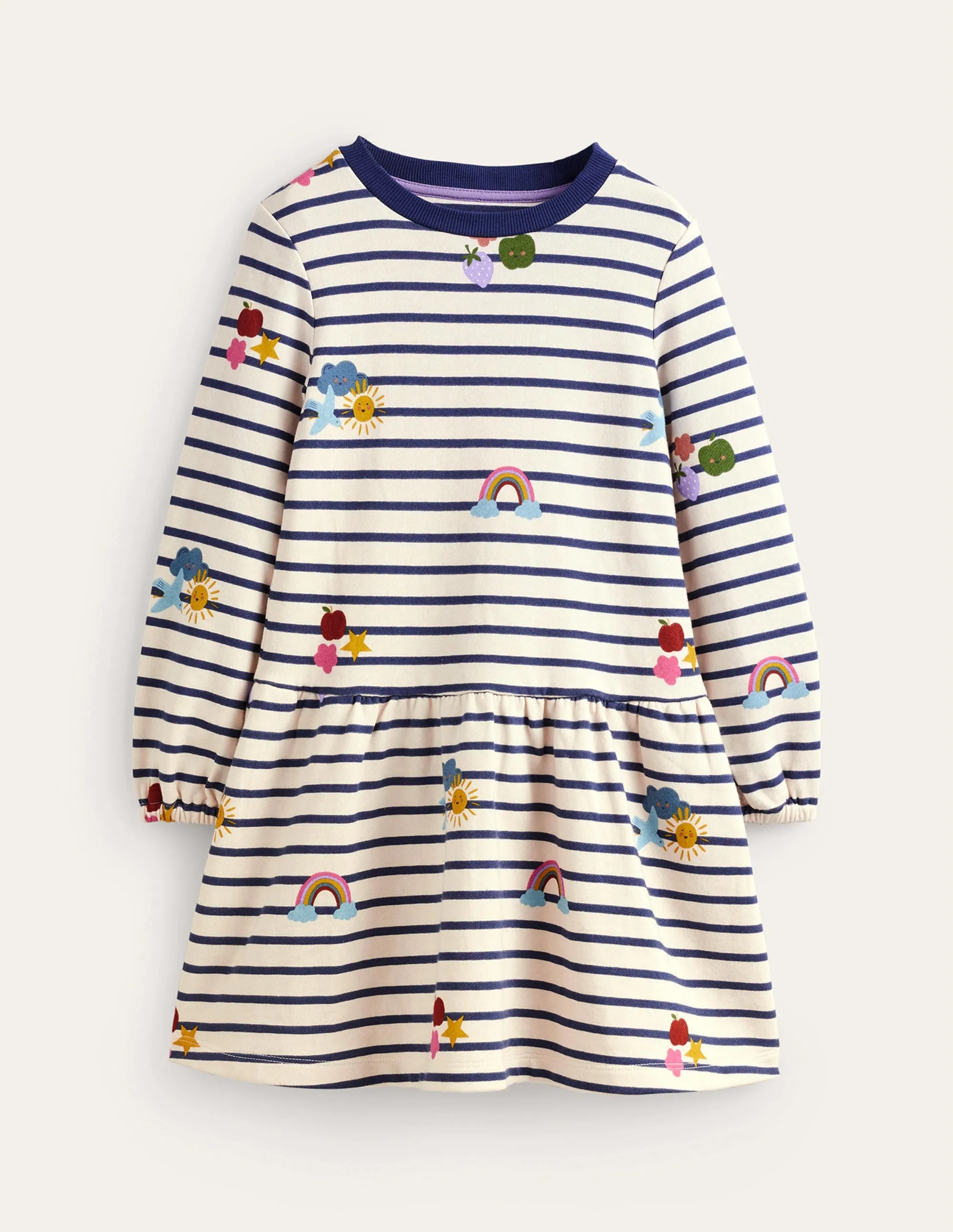 Printed Sweatshirt Dress-Stripe Rainbow Clouds
