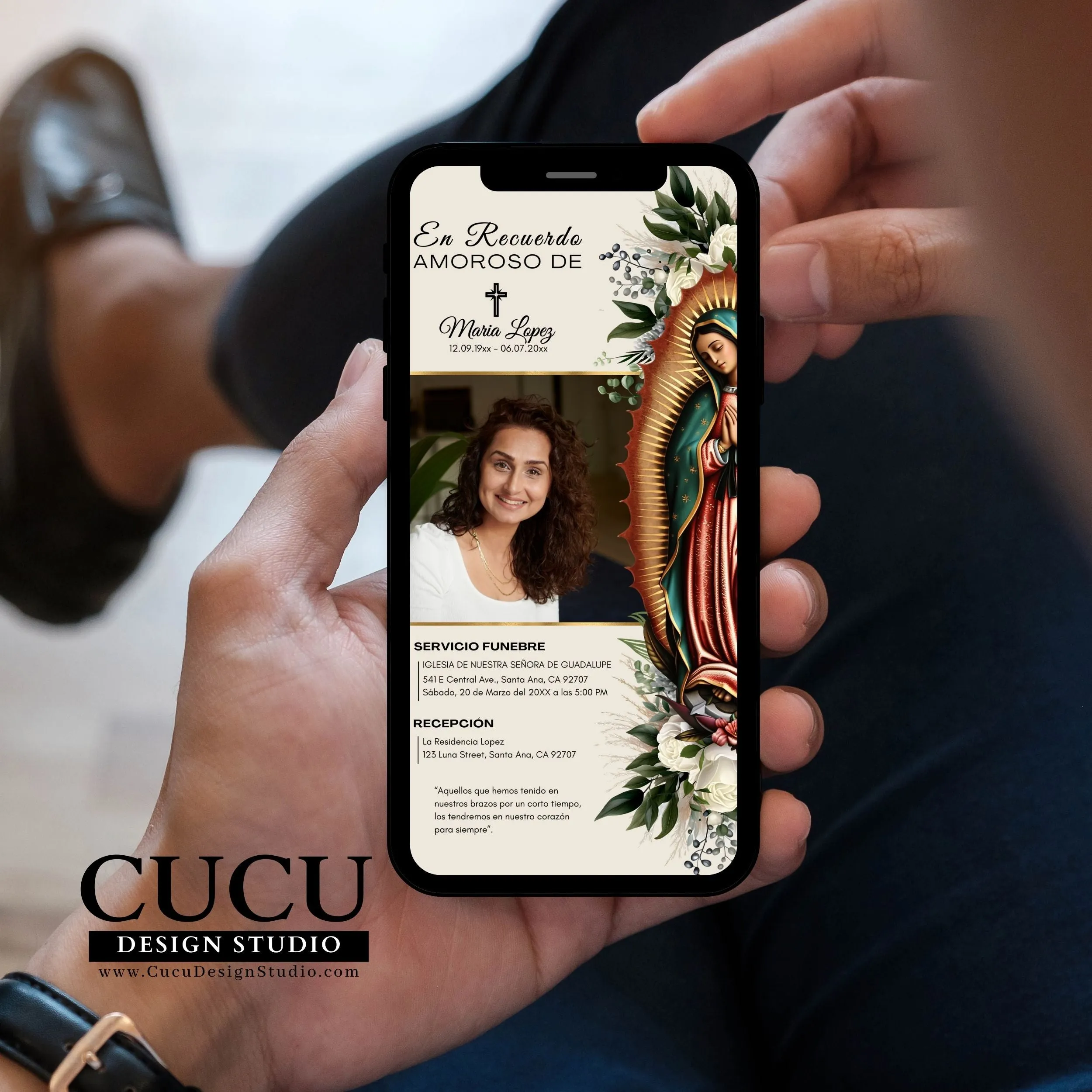 Spanish Catholic Virgin Mary Funeral Announcement Card Template for Smartphone