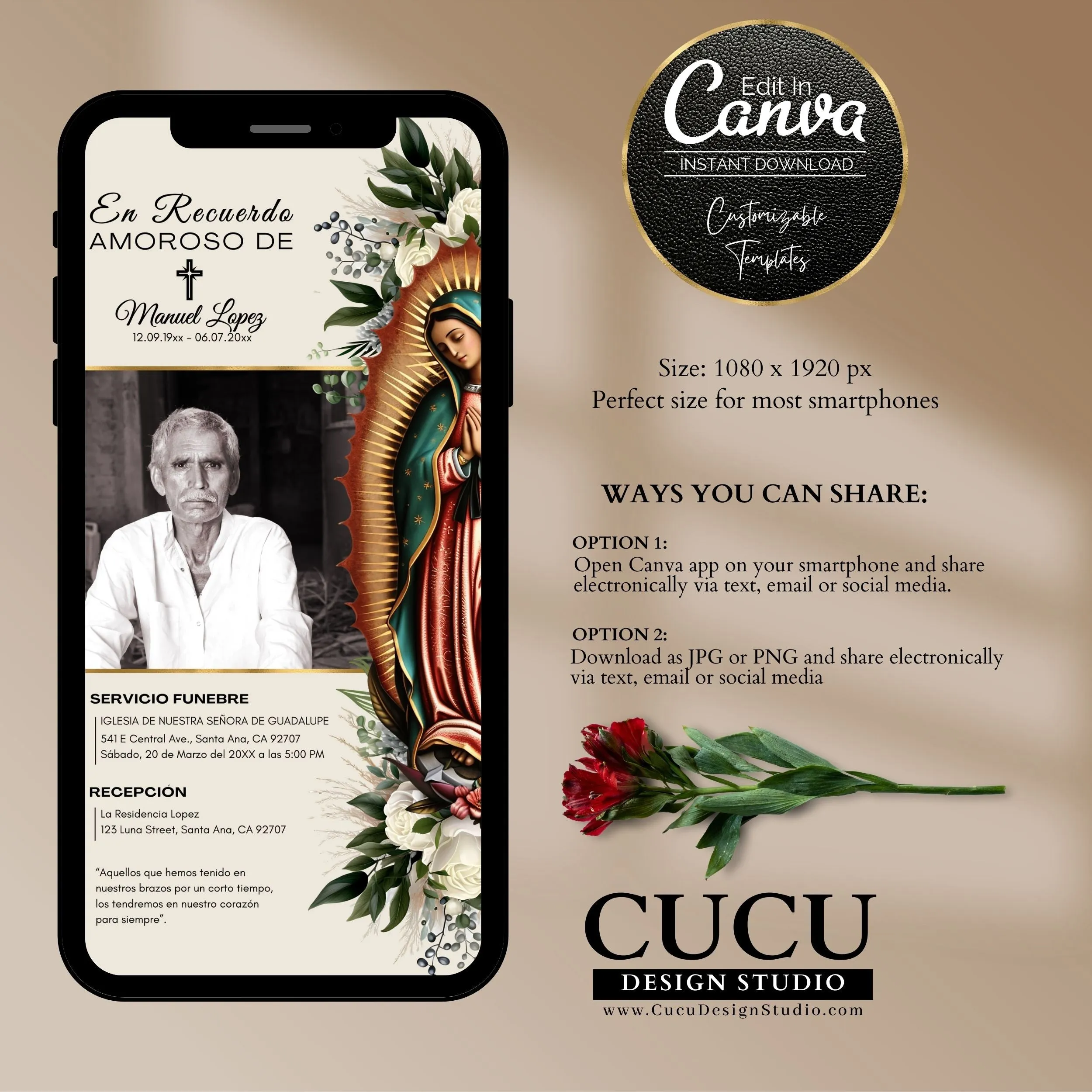 Spanish Catholic Virgin Mary Funeral Announcement Card Template for Smartphone