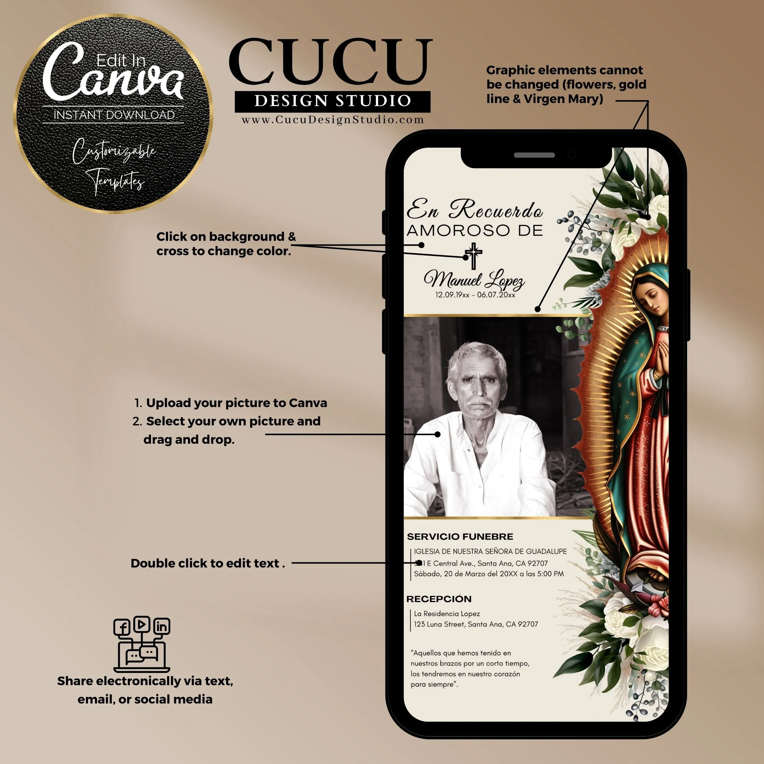Spanish Catholic Virgin Mary Funeral Announcement Card Template for Smartphone