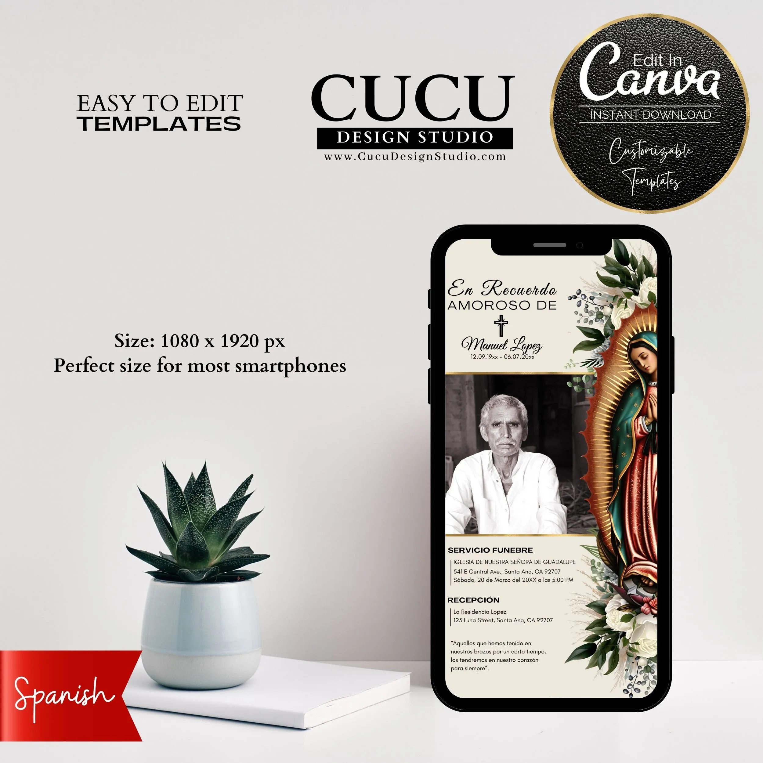 Spanish Catholic Virgin Mary Funeral Announcement Card Template for Smartphone