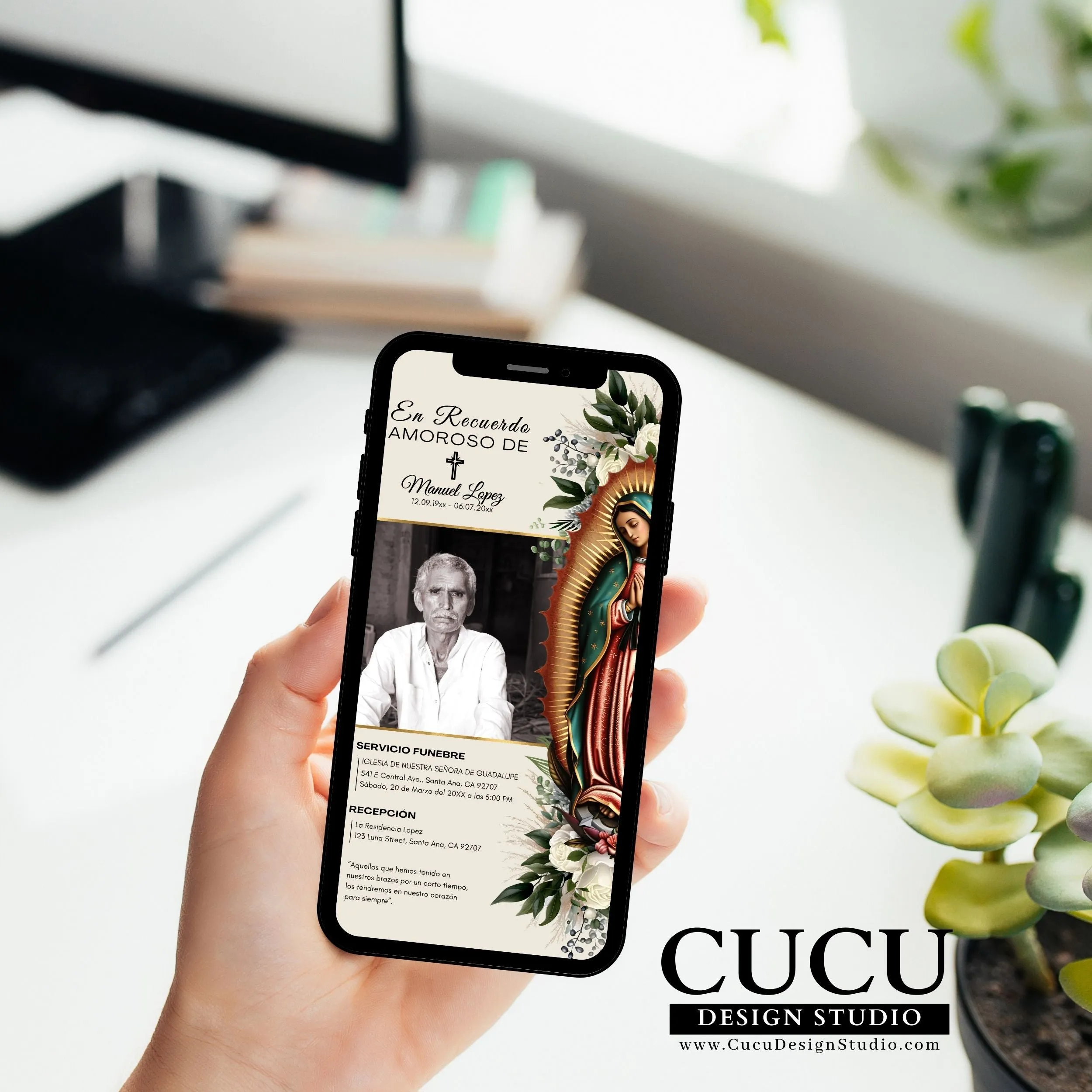 Spanish Catholic Virgin Mary Funeral Announcement Card Template for Smartphone