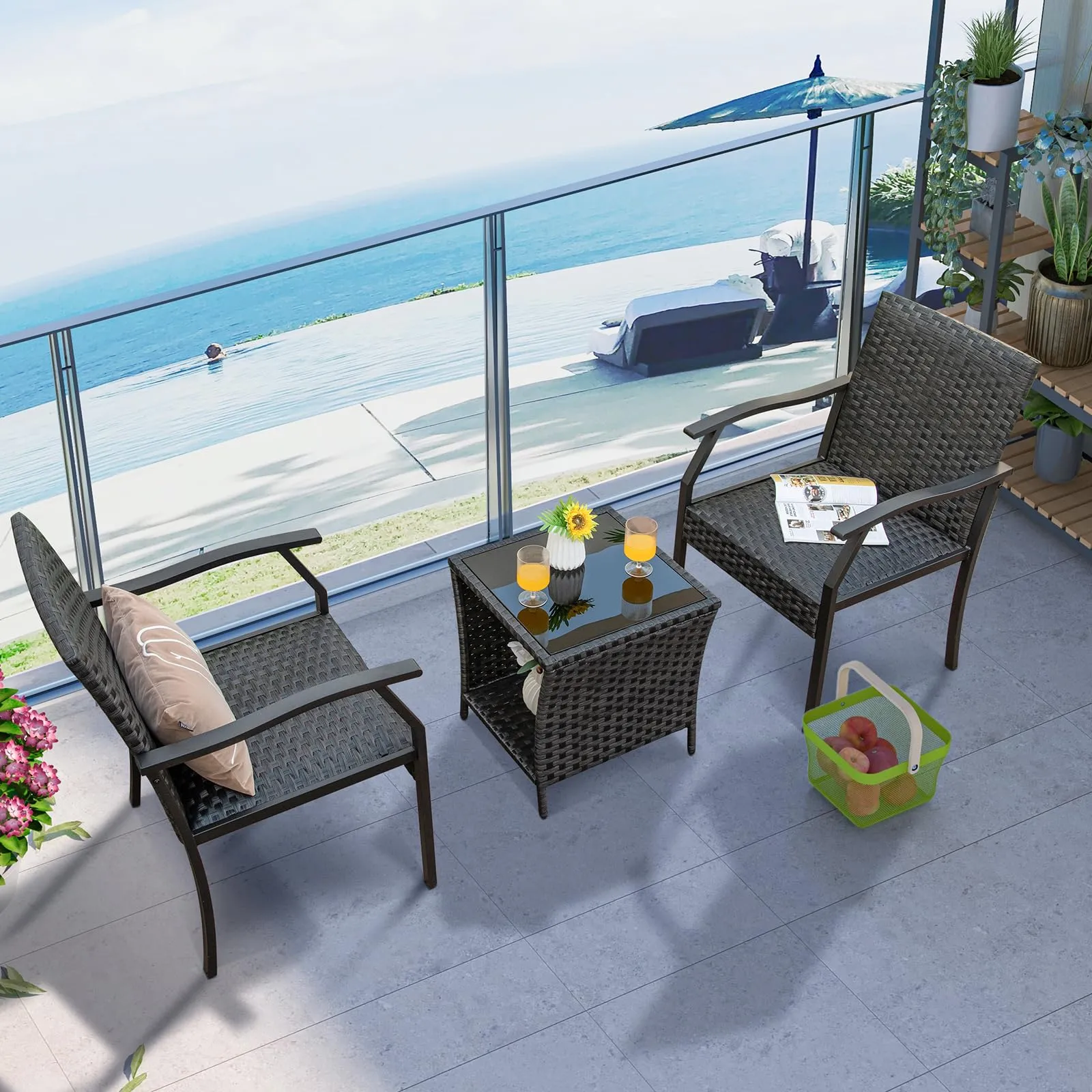Tangkula 3 Pieces Patio Wicker Chair Set, Waterproof All Weahter Heavy Duty Outdoor Conversation Set